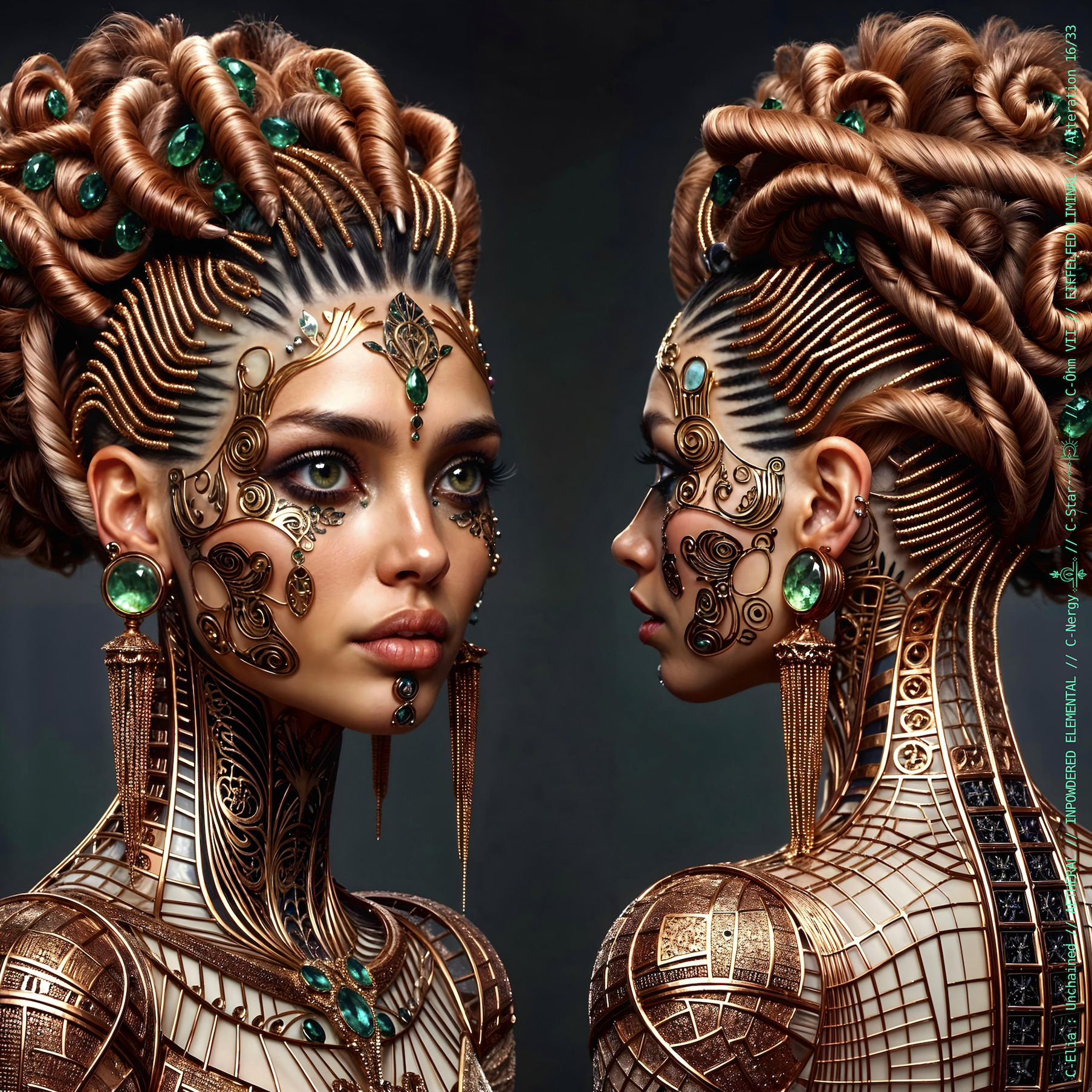 Surreal haute meta couture NFT silhouette from C Elia Unchained, Eiffelfed Liminal collection, merging openwork copper metal, emerald braids, metallic glyph makeup and Parisian architectural couture infused with the atmospheric pulse of Massive Attack and Mad Professor’s “Three.”