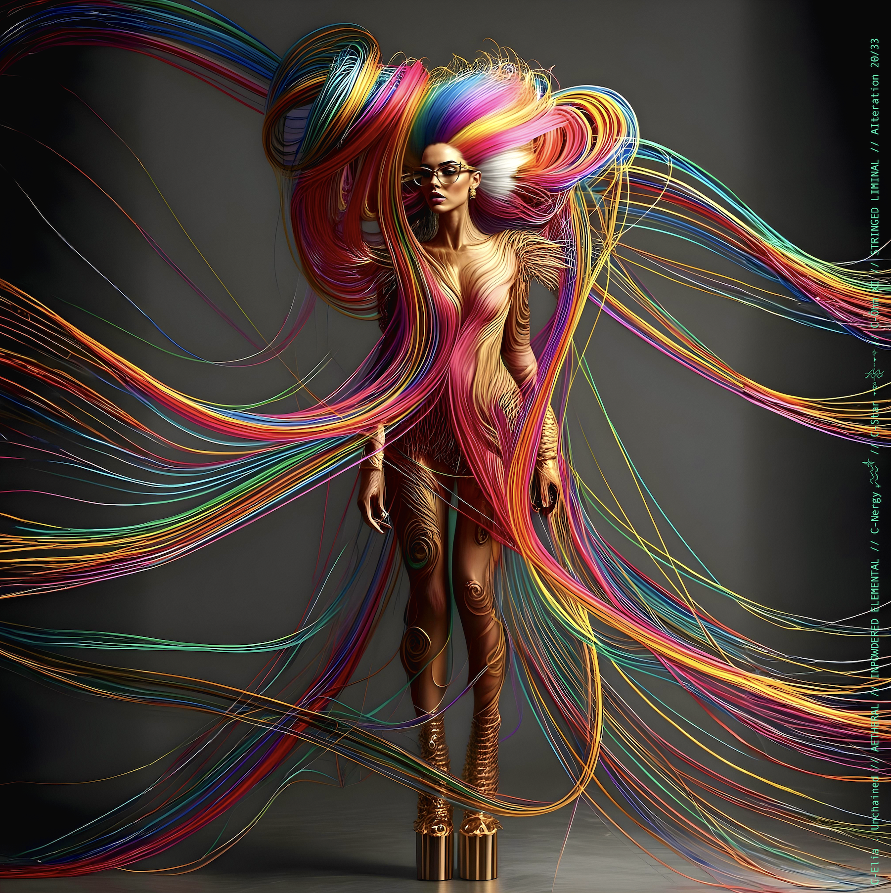 Surreal haute meta  couture NFT silhouette from C-Elia: Unchained, Stringed Liminal collection. A living sculpture made entirely of golden and colored strings, merging art, vibration and geometry into a resonant couture form.