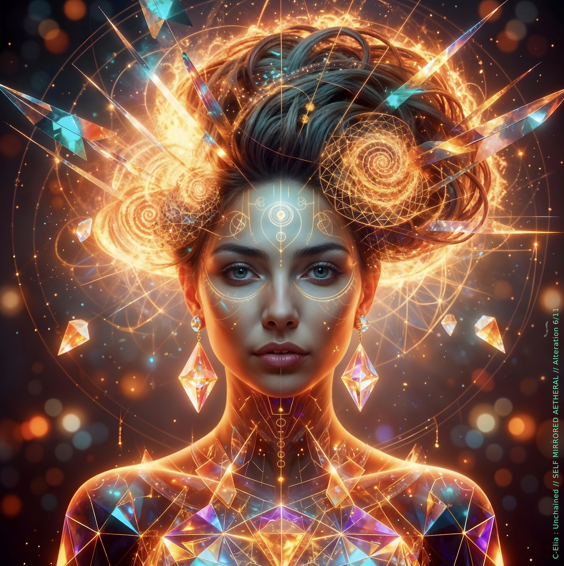 Surreal haute meta couture NFT silhouette from C Elia Unchained, Self Mirrored Aetheral collection, merging sacred geometry, plasma light, spectral prisms and refracted fire into a multidimensional couture structure inspired by M I A’s Bells Collection mixtape.