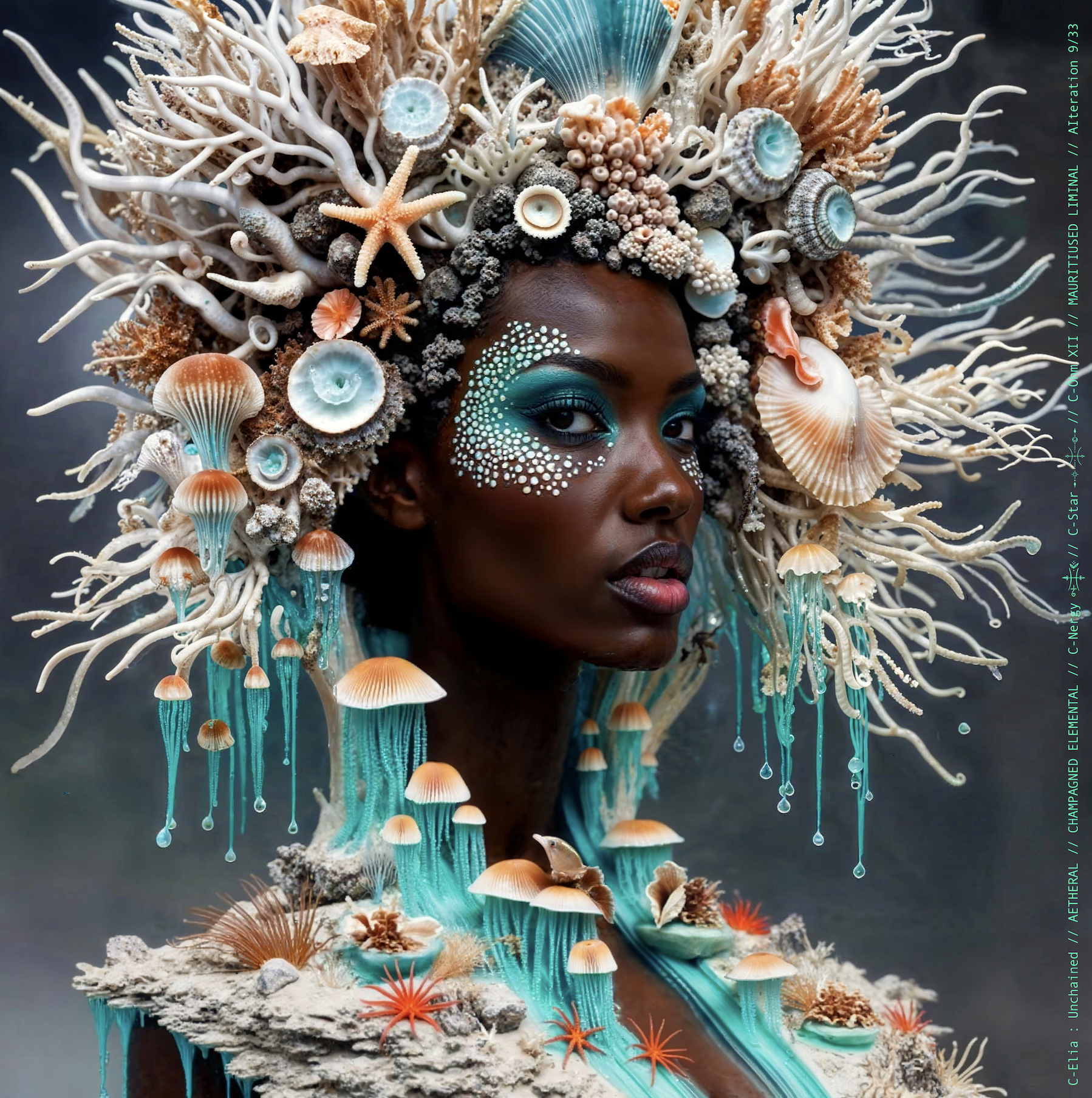 Surreal haute meta couture NFT silhouette from C-Elia: Unchained, Mauritiused Liminal collection, inspired by coral reefs and marine architecture, merging water, light and couture into a floating living sculpture