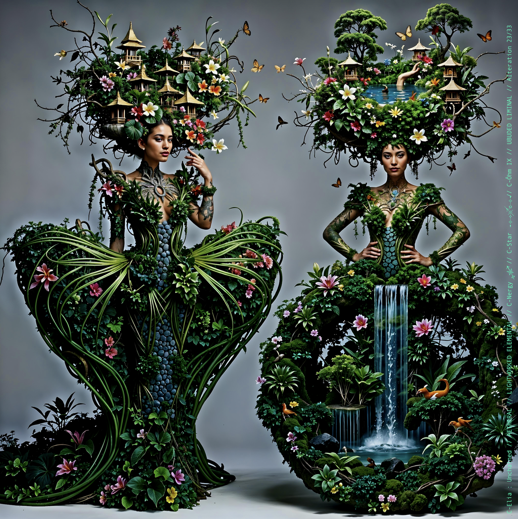 Surreal haute meta couture NFT silhouette from C Elia Unchained, Ubuded Liminal collection, merging tropical Balinese garden architecture, volcanic stone, drifting petals, incense smoke and sacred botanical couture inspired by Asian Dub Foundation’s “Witness.”