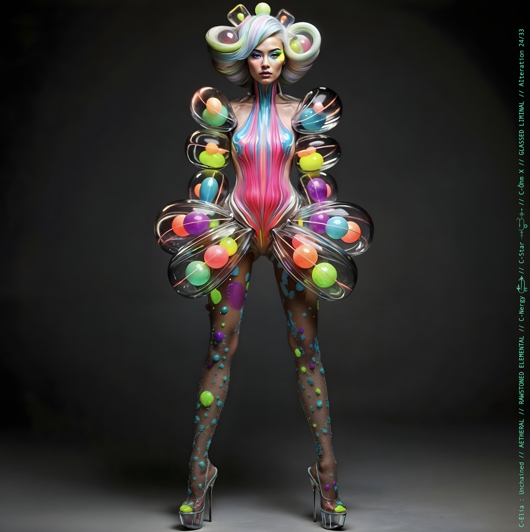 Surreal haute meta couture NFT silhouette from C-Elia: Unchained, Glassed Liminal collection, inspired by blown glass and molten light, merging fragility, transparency and grandeur into an avant garde architectural couture sculpture.