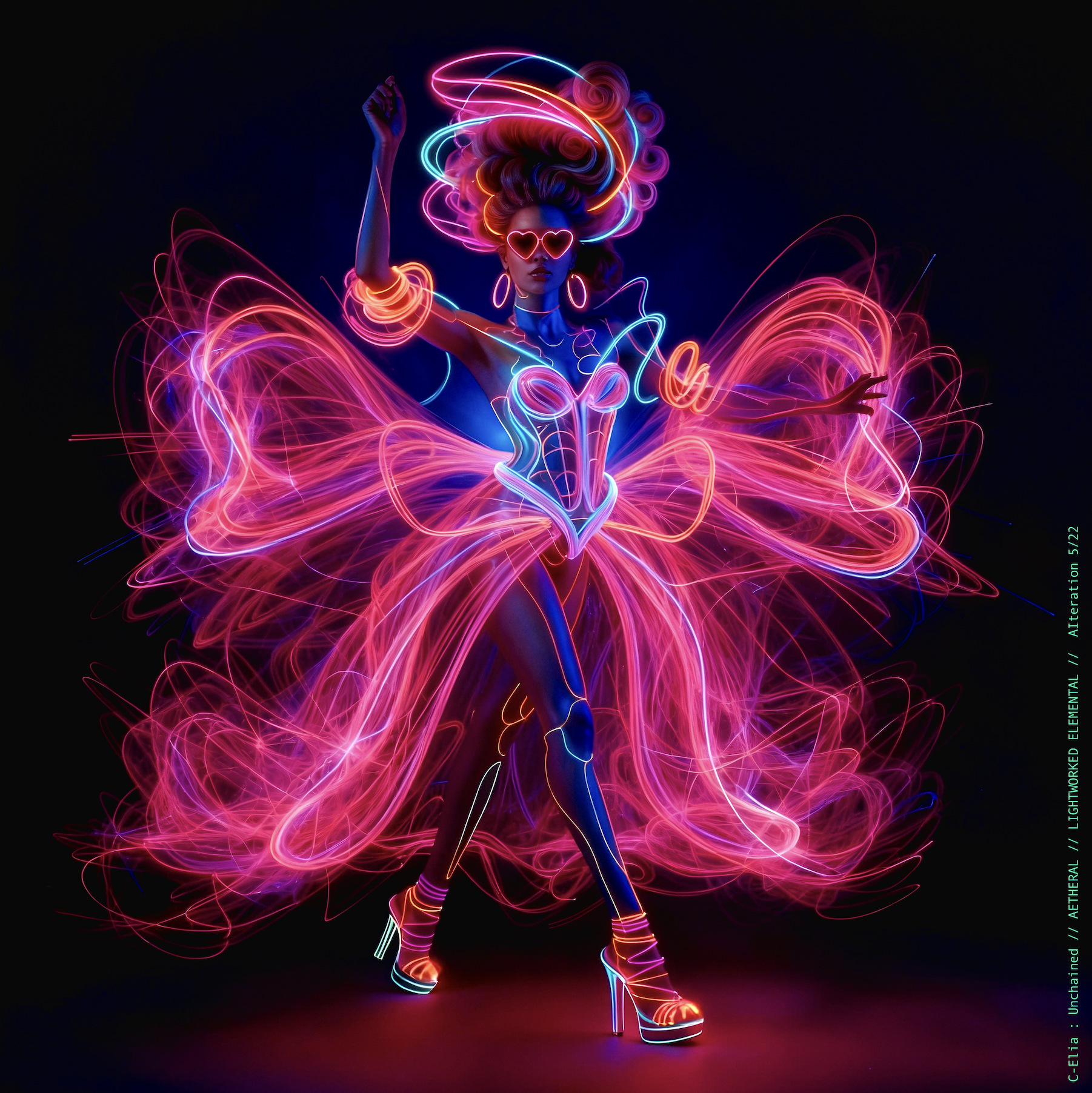 Surreal haute meta couture NFT silhouette from C-Elia: Unchained, Lightworked Elemental collection, a luminous architectural form sketched entirely in neon-painted lines and glowing contours, blending avant-garde light geometry with ethereal couture energy.