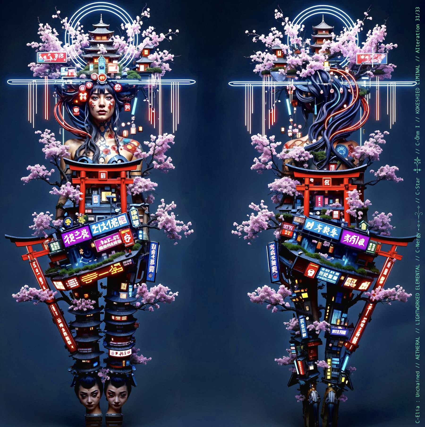 Surreal haute meta couture NFT silhouette from C-Elia: Unchained, Kokeshied Liminal, a fusion of Kyoto serenity and Shibuya light embodied in a living digital shrine.