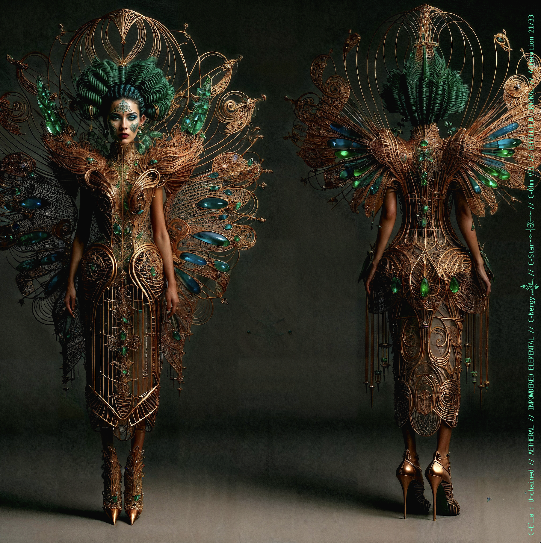 Surreal haute meta couture NFT silhouette from C Elia Unchained, Eiffelfed Liminal collection, merging openwork copper metal, emerald braids, metallic glyph makeup and Parisian architectural couture infused with the atmospheric pulse of Massive Attack and Mad Professor’s “Three.”