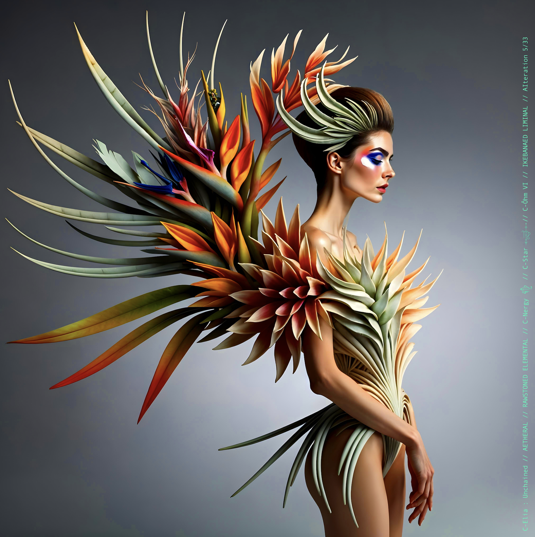 Surreal haute meta couture NFT silhouette from C-Elia: Unchained, Ikebanaed Liminal collection, inspired by floral architecture and Japanese composition, merging nature, geometry and serenity into a living couture sculpture.