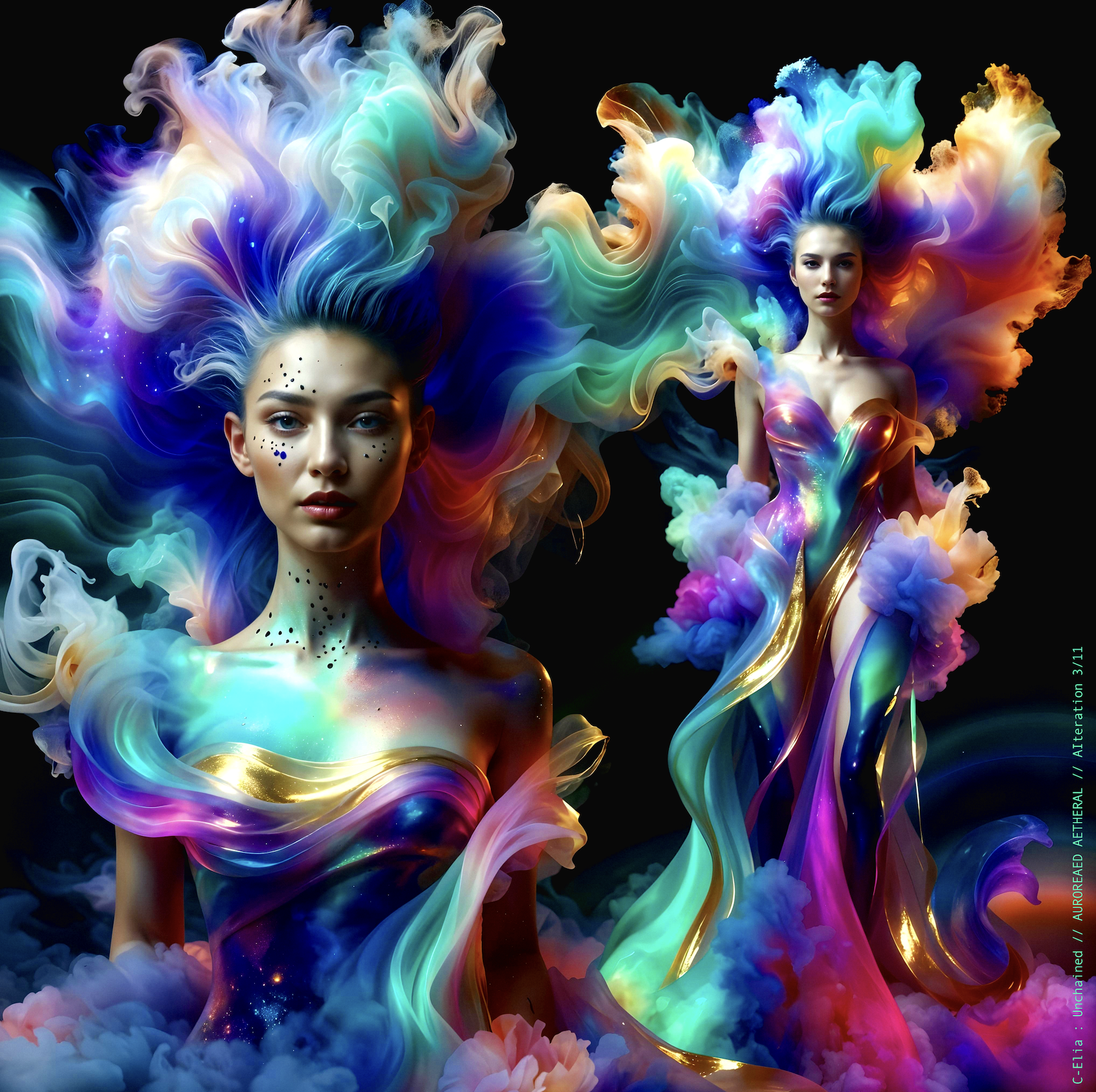 Surreal haute meta couture NFT silhouette from C Elia Unchained, Auroreaed Aetheral collection, formed from aurora borealis clouds, vaporous gradients, celestial mist and atmospheric couture inspired by M I A’s Matangi Mixtape by Kenzo.