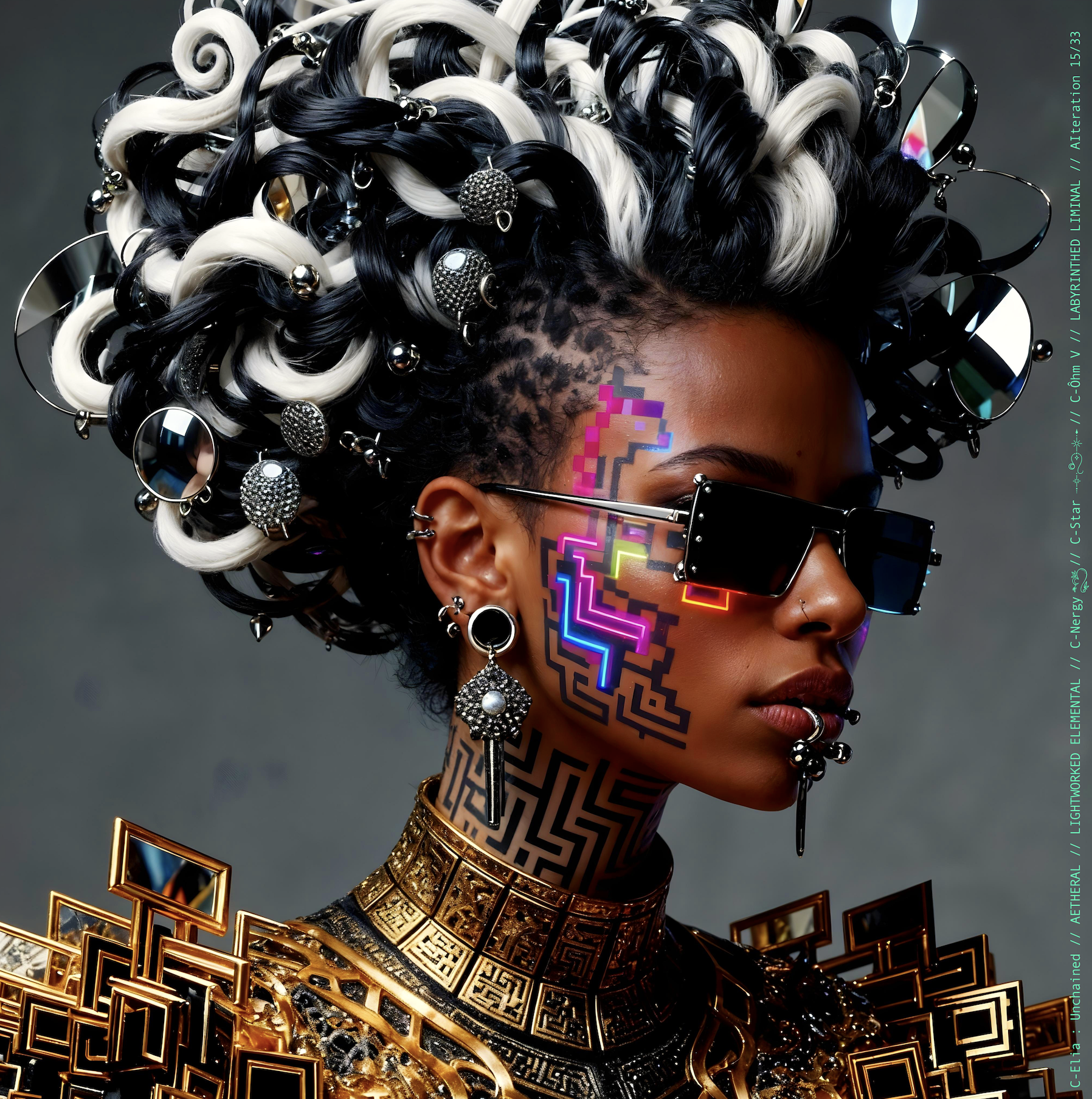 Surreal haute meta couture NFT silhouette from C Elia Unchained, Labyrinthed Liminal collection, inspired by mirrored labyrinth geometry and the chromatic echo of Blue Boy’s “Remember Me,” merging pixel tattoos, gold voxel structures and reflective couture architecture.