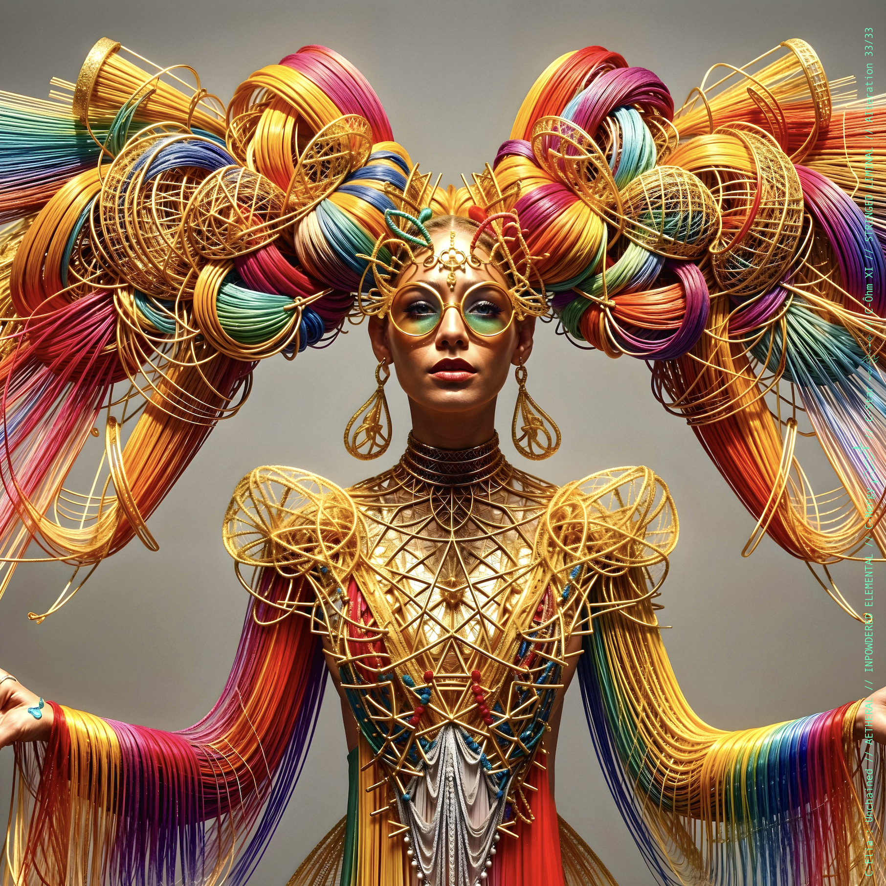 Surreal haute meta  couture NFT silhouette from C-Elia: Unchained, Stringed Liminal collection. A living sculpture made entirely of golden and colored strings, merging art, vibration and geometry into a resonant couture form.