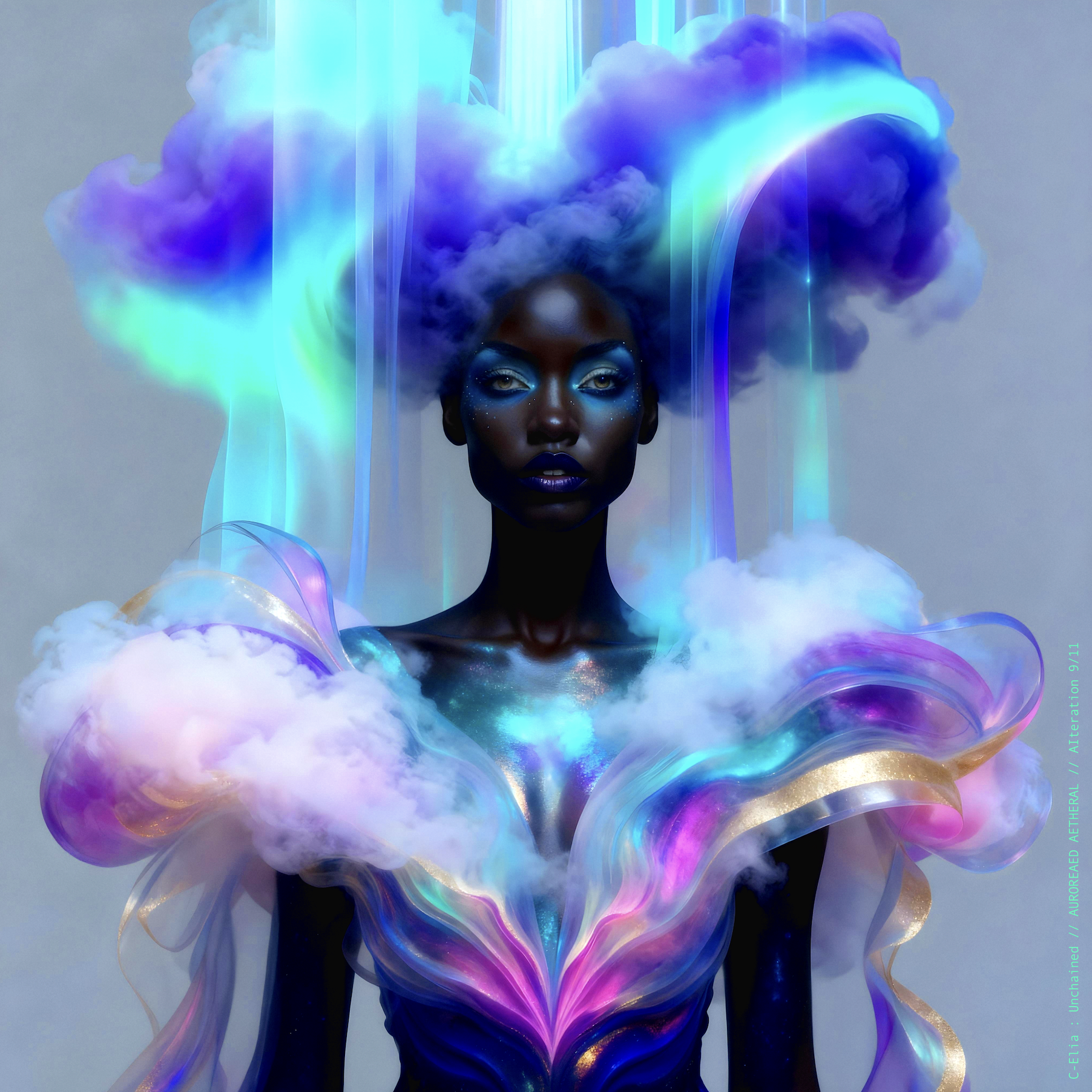 Surreal haute meta couture NFT silhouette from C Elia Unchained, Auroreaed Aetheral collection, formed from aurora borealis clouds, vaporous gradients, celestial mist and atmospheric couture inspired by M I A’s Matangi Mixtape by Kenzo.