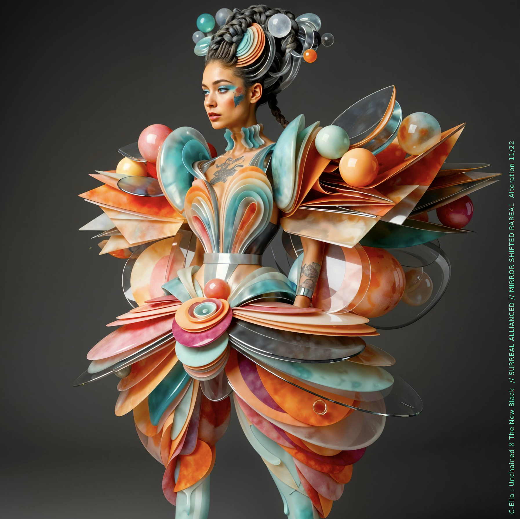 Surreal haute meta couture NFT silhouette from C-Elia: Unchained, Thenewblacked Allianced Liminal, created in collaboration with tThe New Black, merging resin, glass, acrylic and light into a living prism of translucent geometry.