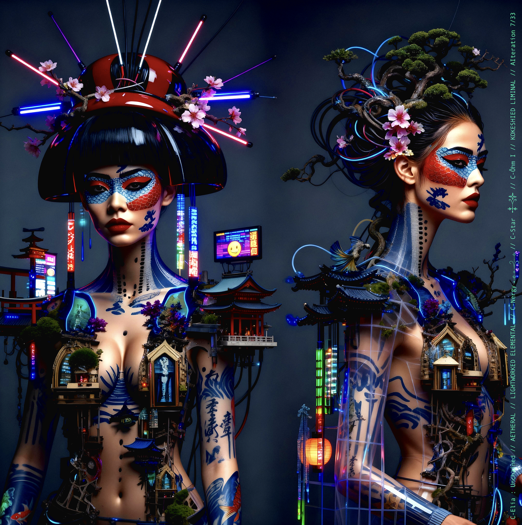 Surreal haute meta couture NFT silhouette from C-Elia: Unchained, Kokeshied Liminal, a fusion of Kyoto serenity and Shibuya light embodied in a living digital shrine.