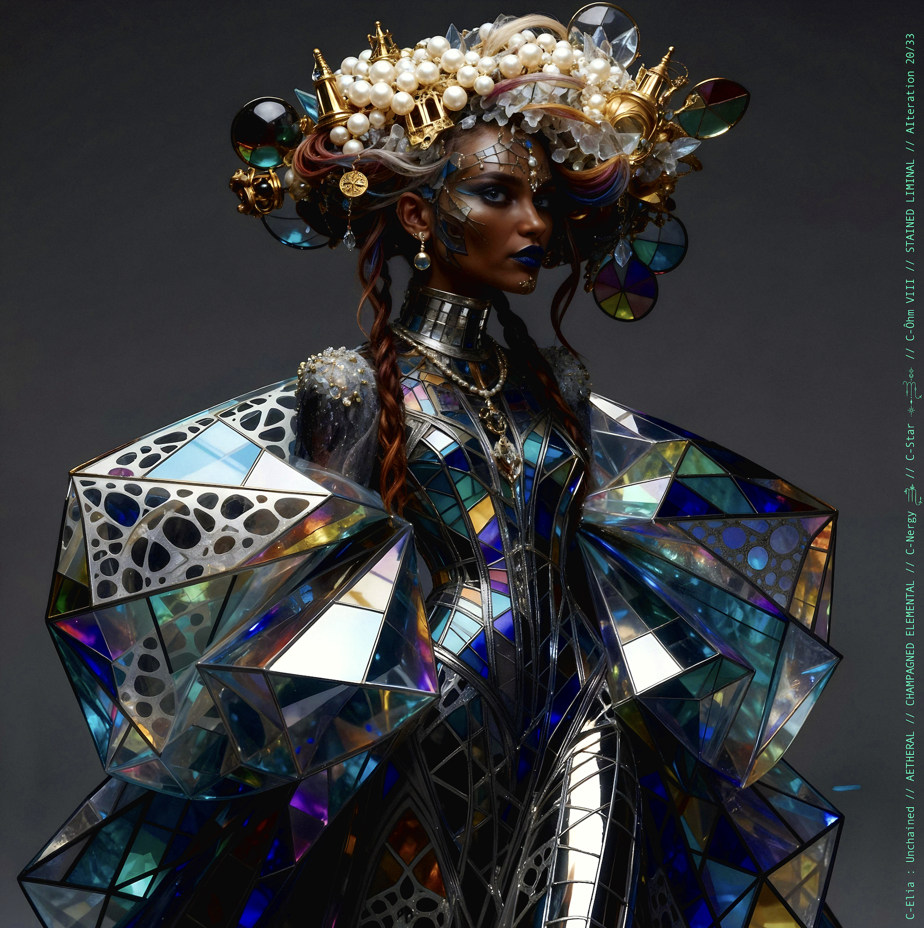 Surreal haute meta couture NFT silhouette from C-Elia: Unchained, Stained Liminal collection, inspired by cathedral stained glass and Mondrian geometry, merging sacred light, metallic reflections, and futuristic architecture into a living holographic couture sculpture.