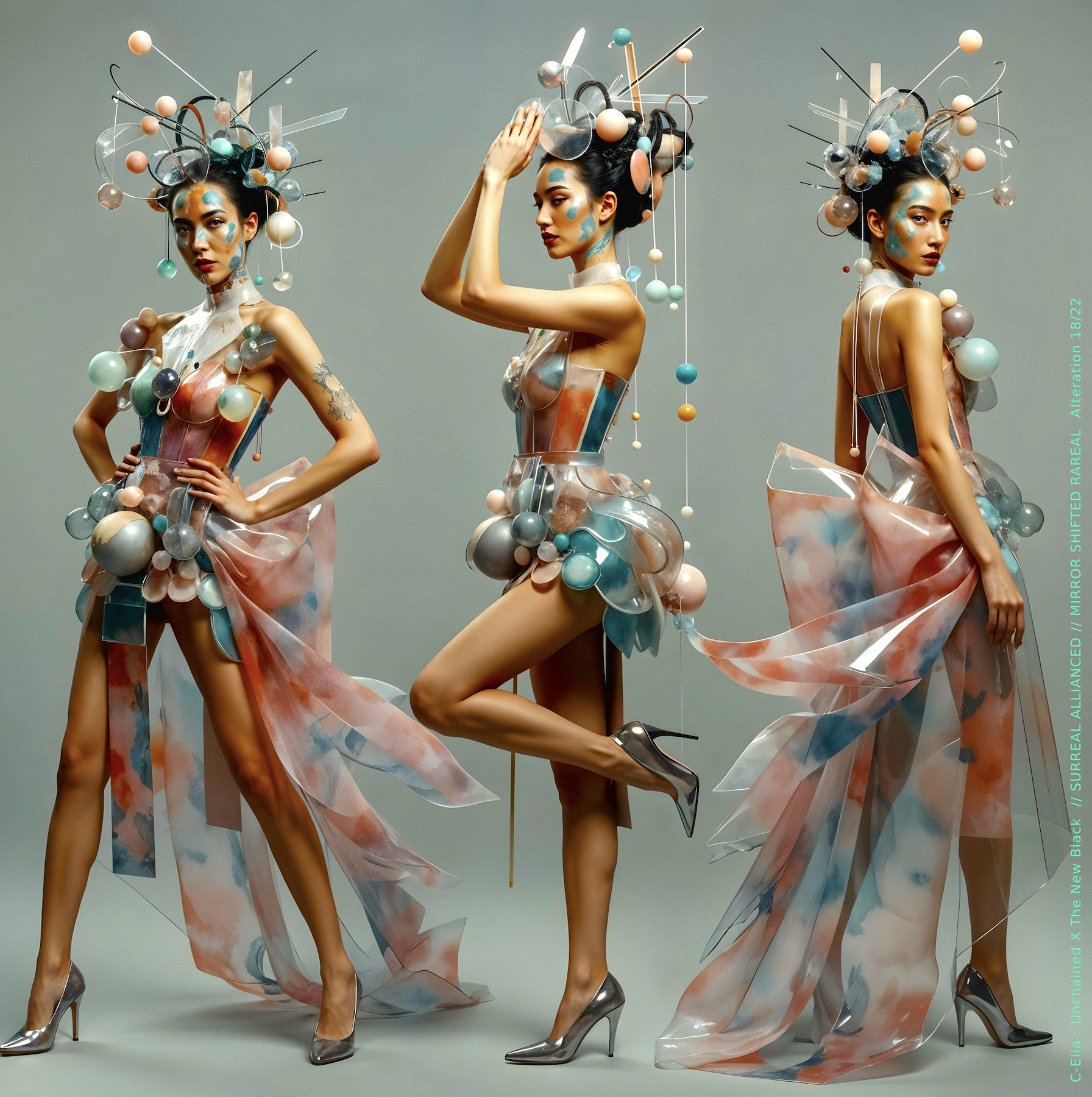 Surreal haute meta couture NFT silhouette from C-Elia: Unchained, Thenewblacked Allianced Liminal, created in collaboration with tThe New Black, merging resin, glass, acrylic and light into a living prism of translucent geometry.