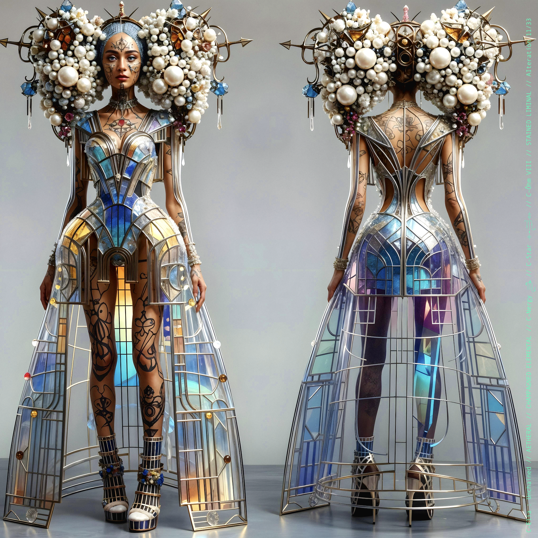 Surreal haute meta couture NFT silhouette from C-Elia: Unchained, Stained Liminal collection, inspired by cathedral stained glass and Mondrian geometry, merging sacred light, metallic reflections, and futuristic architecture into a living holographic couture sculpture.