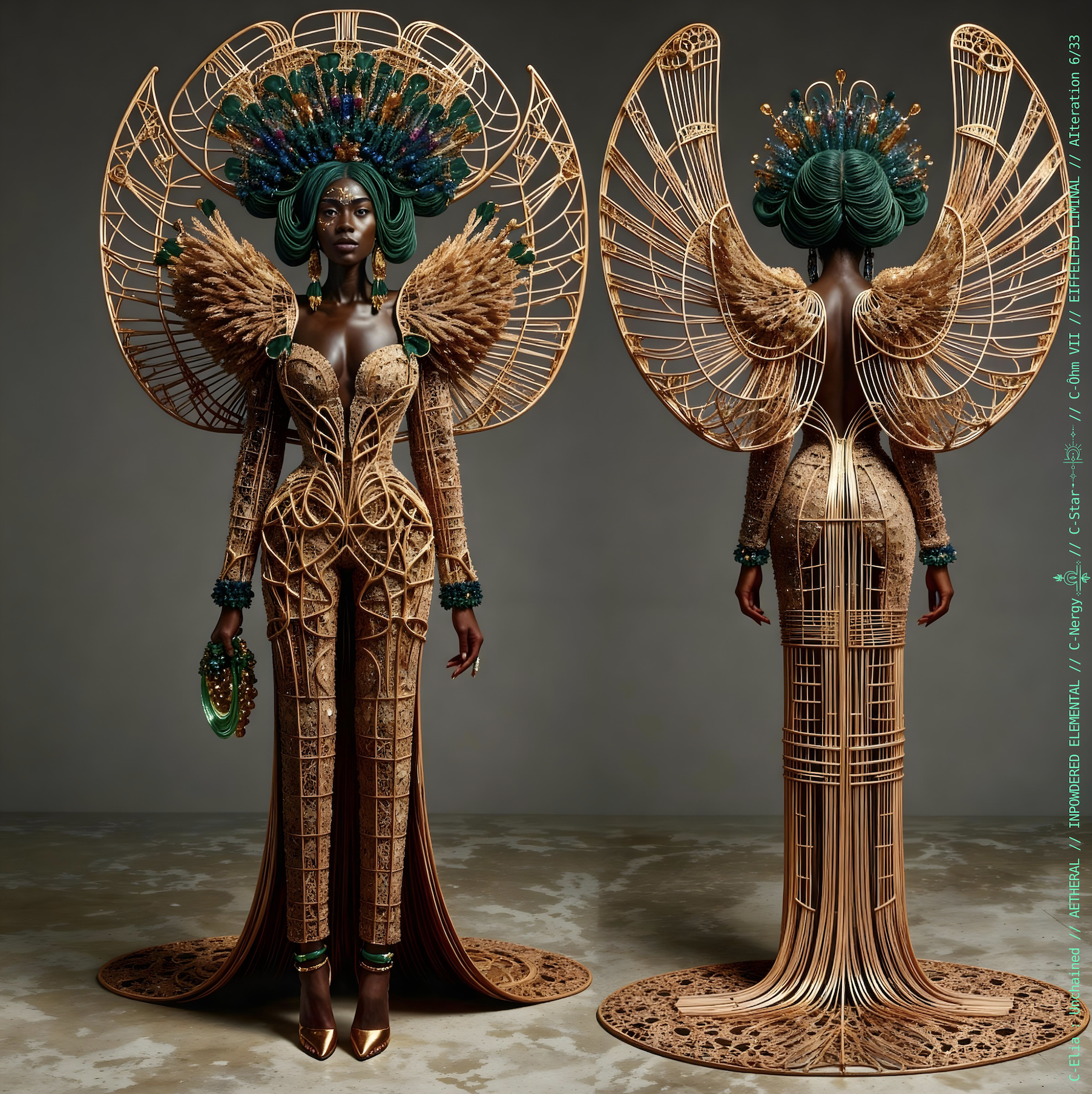 Surreal haute meta couture NFT silhouette from C Elia Unchained, Eiffelfed Liminal collection, merging openwork copper metal, emerald braids, metallic glyph makeup and Parisian architectural couture infused with the atmospheric pulse of Massive Attack and Mad Professor’s “Three.”