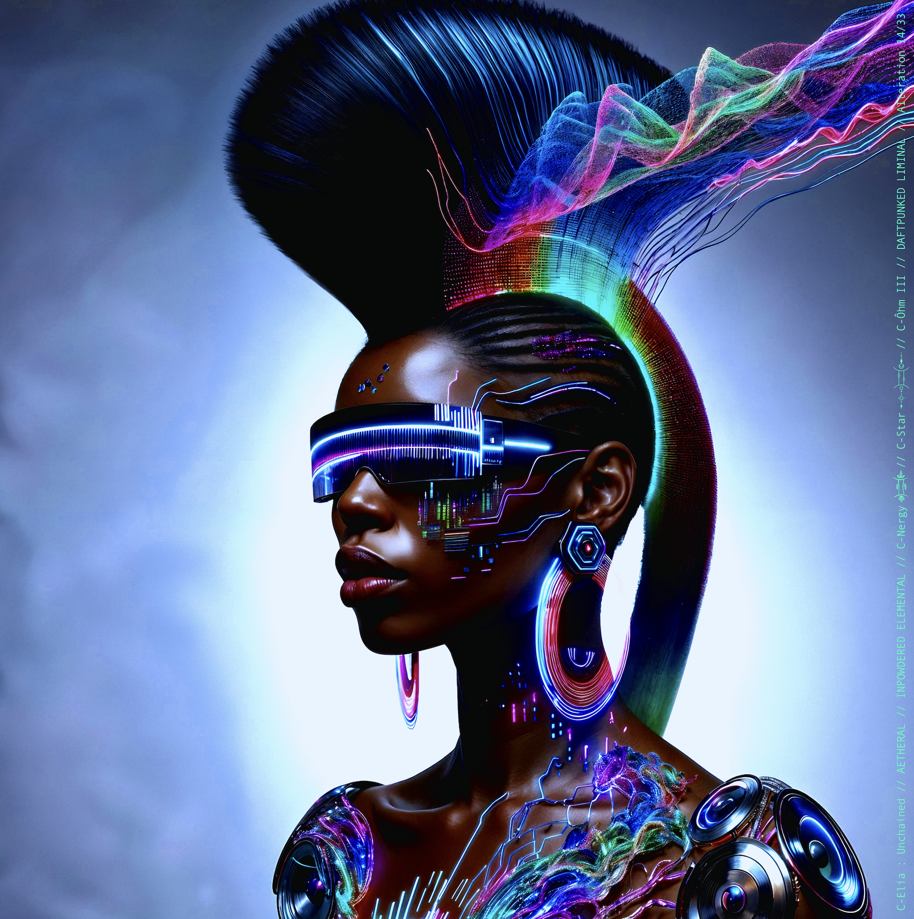 Surreal haute meta couture NFT silhouette from C Elia Unchained, Daftpunked Liminal collection, inspired by electronic neon aesthetics and the luminous frequencies of Daft Punk Alive 2008, merging holographic vinyl, glitch light and couture architecture.

