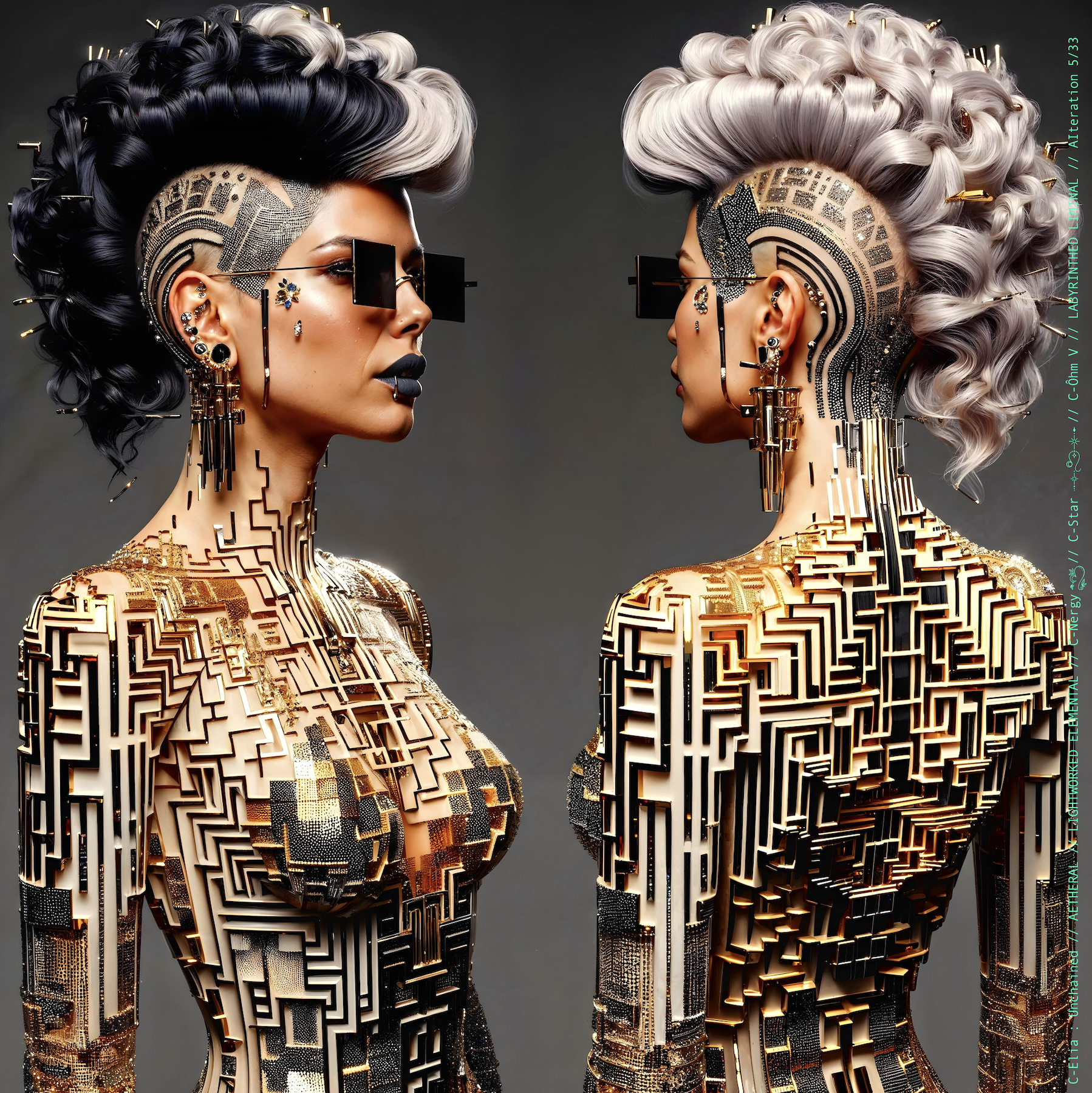 Surreal haute meta couture NFT silhouette from C Elia Unchained, Labyrinthed Liminal collection, inspired by mirrored labyrinth geometry and the chromatic echo of Blue Boy’s “Remember Me,” merging pixel tattoos, gold voxel structures and reflective couture architecture.