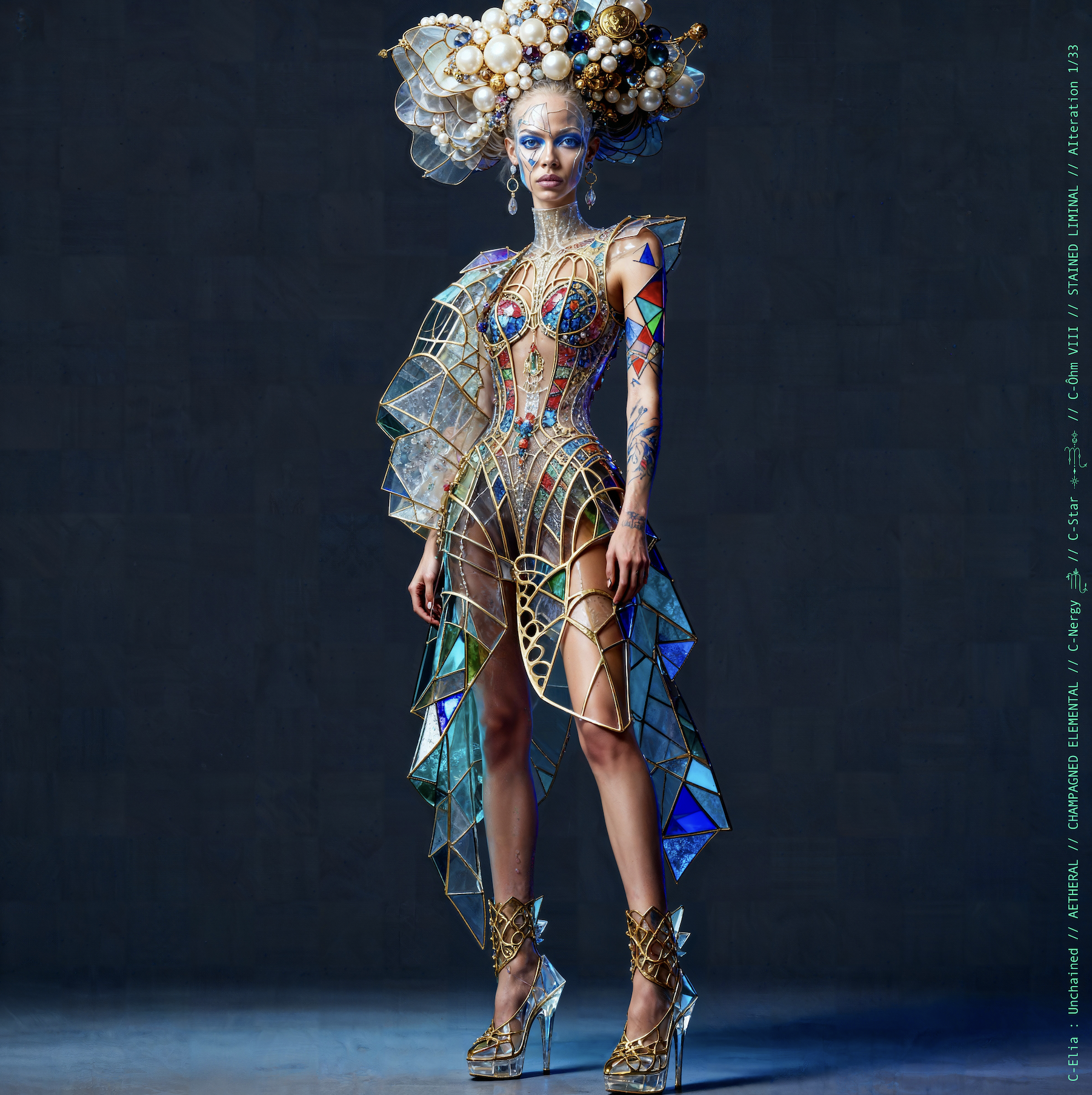 Surreal haute meta couture NFT silhouette from C-Elia: Unchained, Stained Liminal collection, inspired by cathedral stained glass and Mondrian geometry, merging sacred light, metallic reflections, and futuristic architecture into a living holographic couture sculpture.