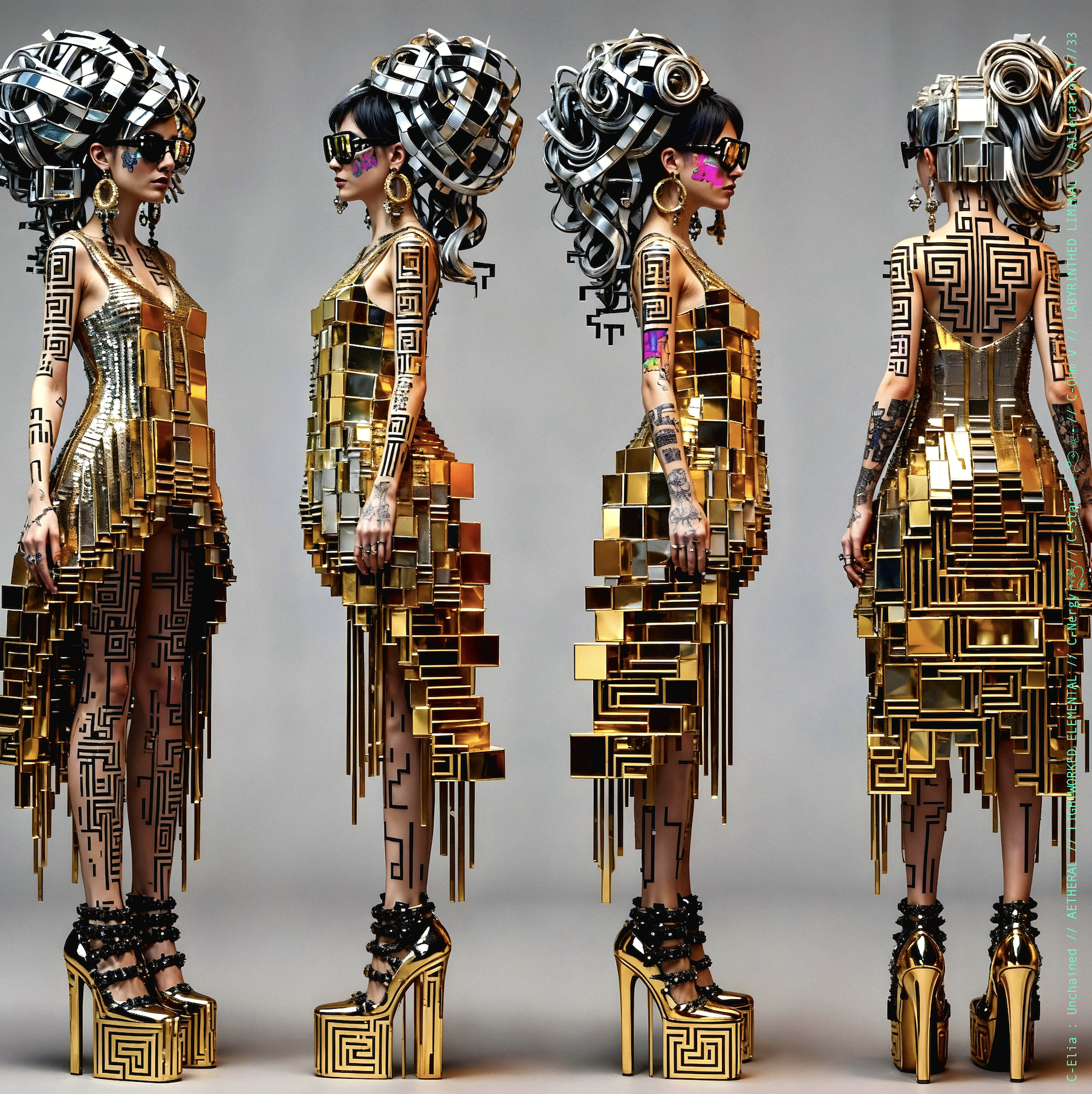 Surreal haute meta couture NFT silhouette from C Elia Unchained, Labyrinthed Liminal collection, inspired by mirrored labyrinth geometry and the chromatic echo of Blue Boy’s “Remember Me,” merging pixel tattoos, gold voxel structures and reflective couture architecture.