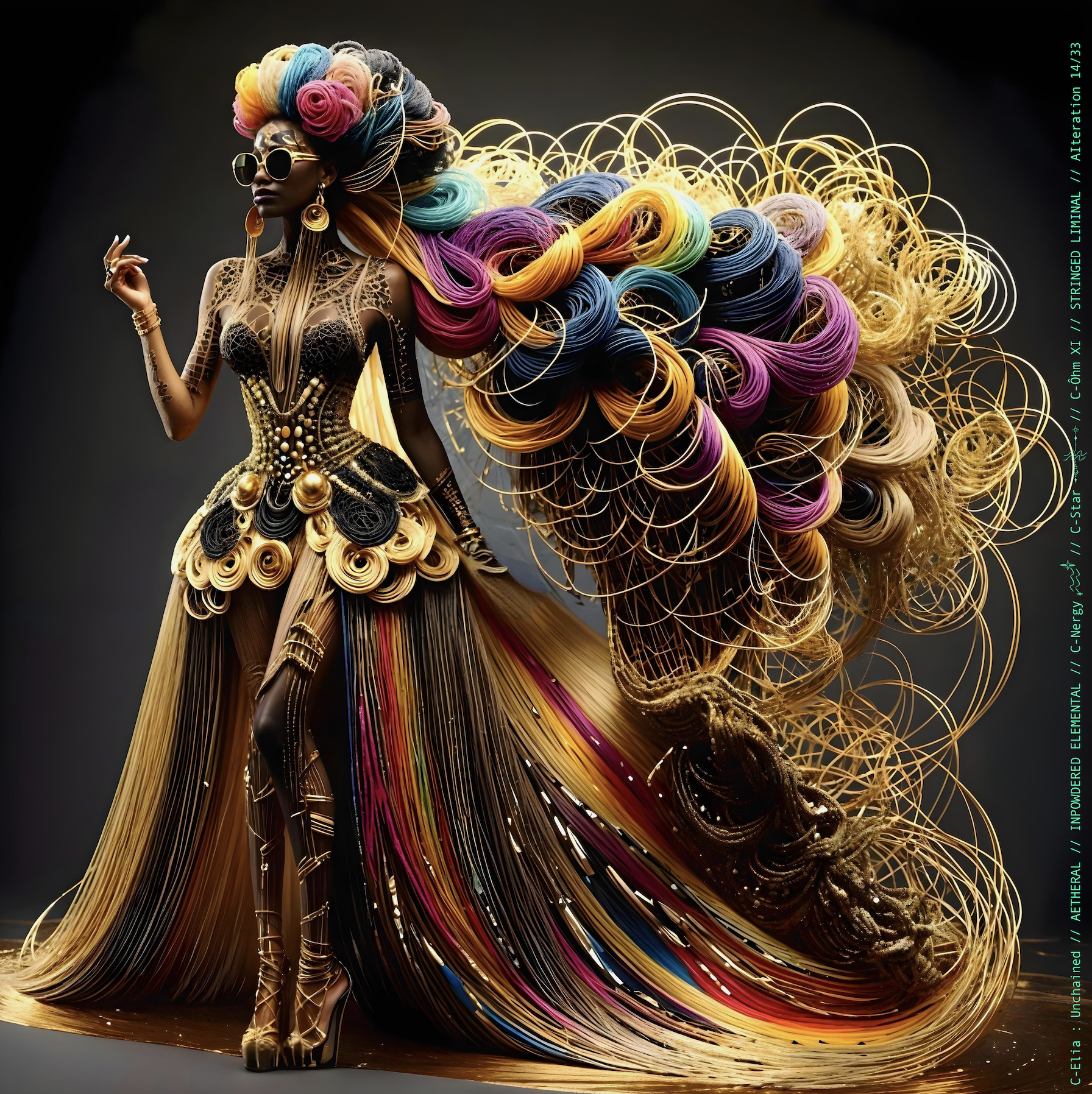 Surreal haute meta  couture NFT silhouette from C-Elia: Unchained, Stringed Liminal collection. A living sculpture made entirely of golden and colored strings, merging art, vibration and geometry into a resonant couture form.