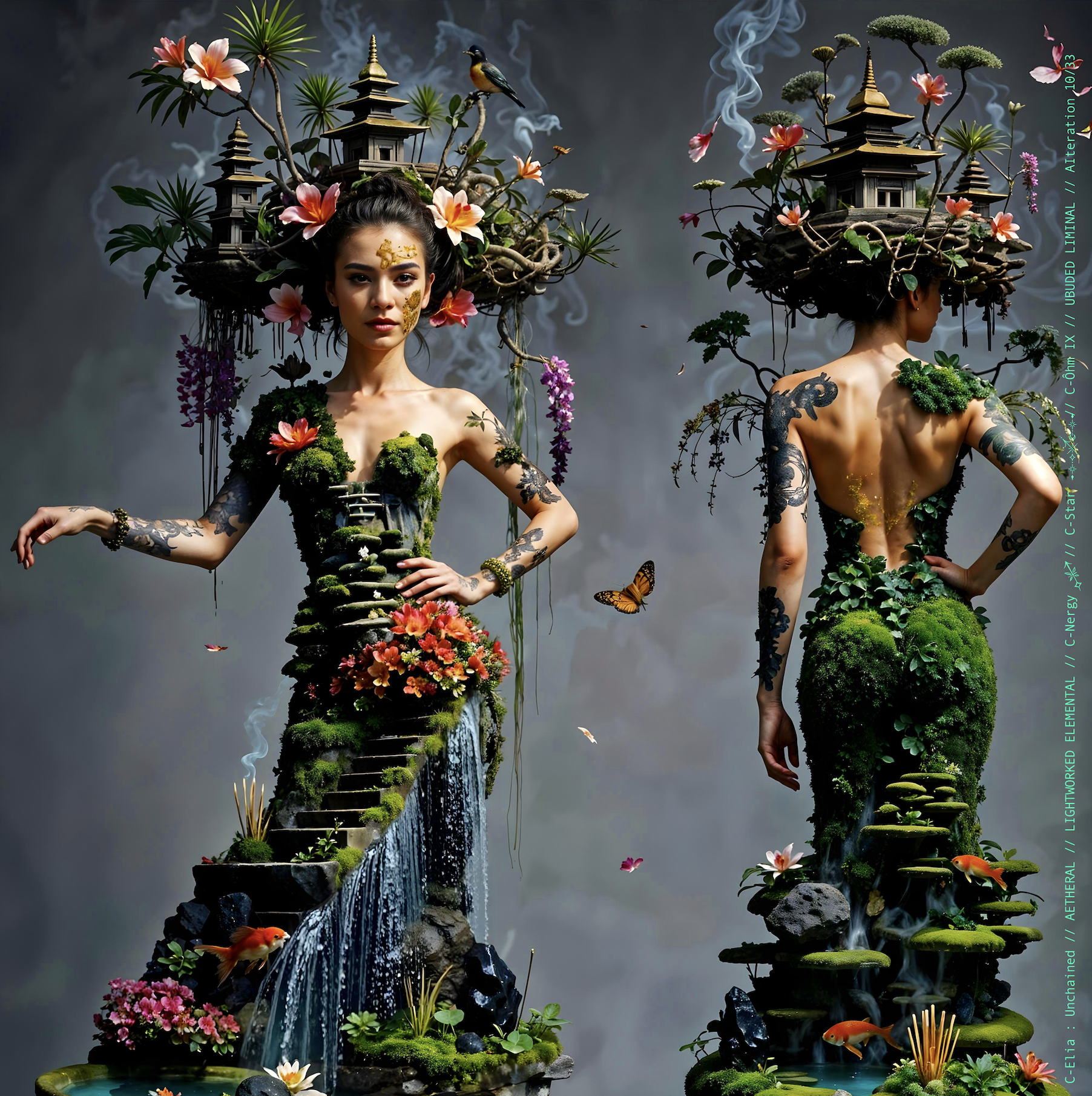 Surreal haute meta couture NFT silhouette from C Elia Unchained, Ubuded Liminal collection, merging tropical Balinese garden architecture, volcanic stone, drifting petals, incense smoke and sacred botanical couture inspired by Asian Dub Foundation’s “Witness.”