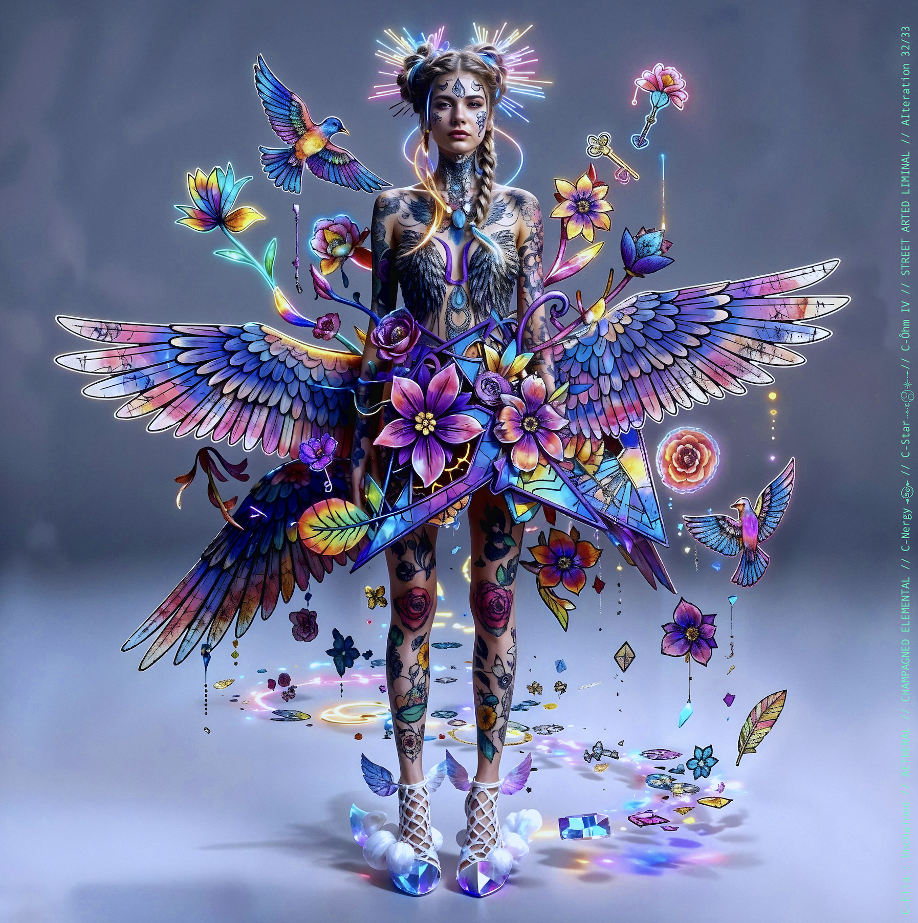 Surreal haute meta couture NFT silhouette from C Elia Unchained, Streetarted Liminal collection, merging liquid graffiti textures, neon mist, chromatic drips and atmospheric street-paint couture.