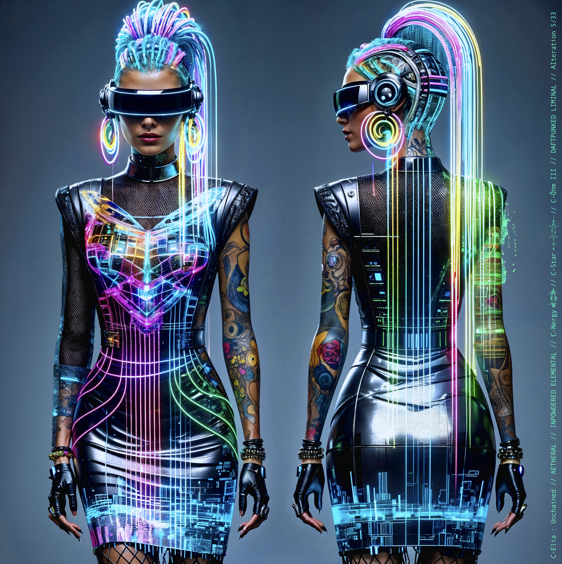 Surreal haute meta couture NFT silhouette from C Elia Unchained, Daftpunked Liminal collection, inspired by electronic neon aesthetics and the luminous frequencies of Daft Punk Alive 2008, merging holographic vinyl, glitch light and couture architecture.

