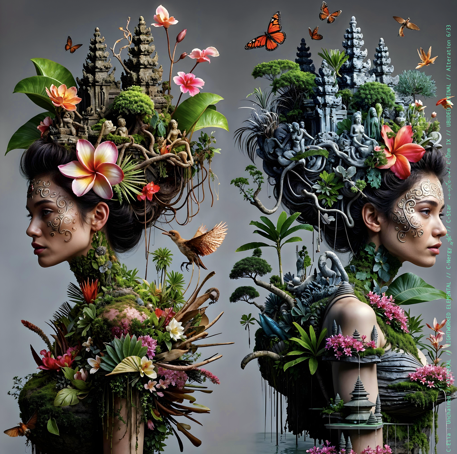 Surreal haute meta couture NFT silhouette from C Elia Unchained, Ubuded Liminal collection, merging tropical Balinese garden architecture, volcanic stone, drifting petals, incense smoke and sacred botanical couture inspired by Asian Dub Foundation’s “Witness.”