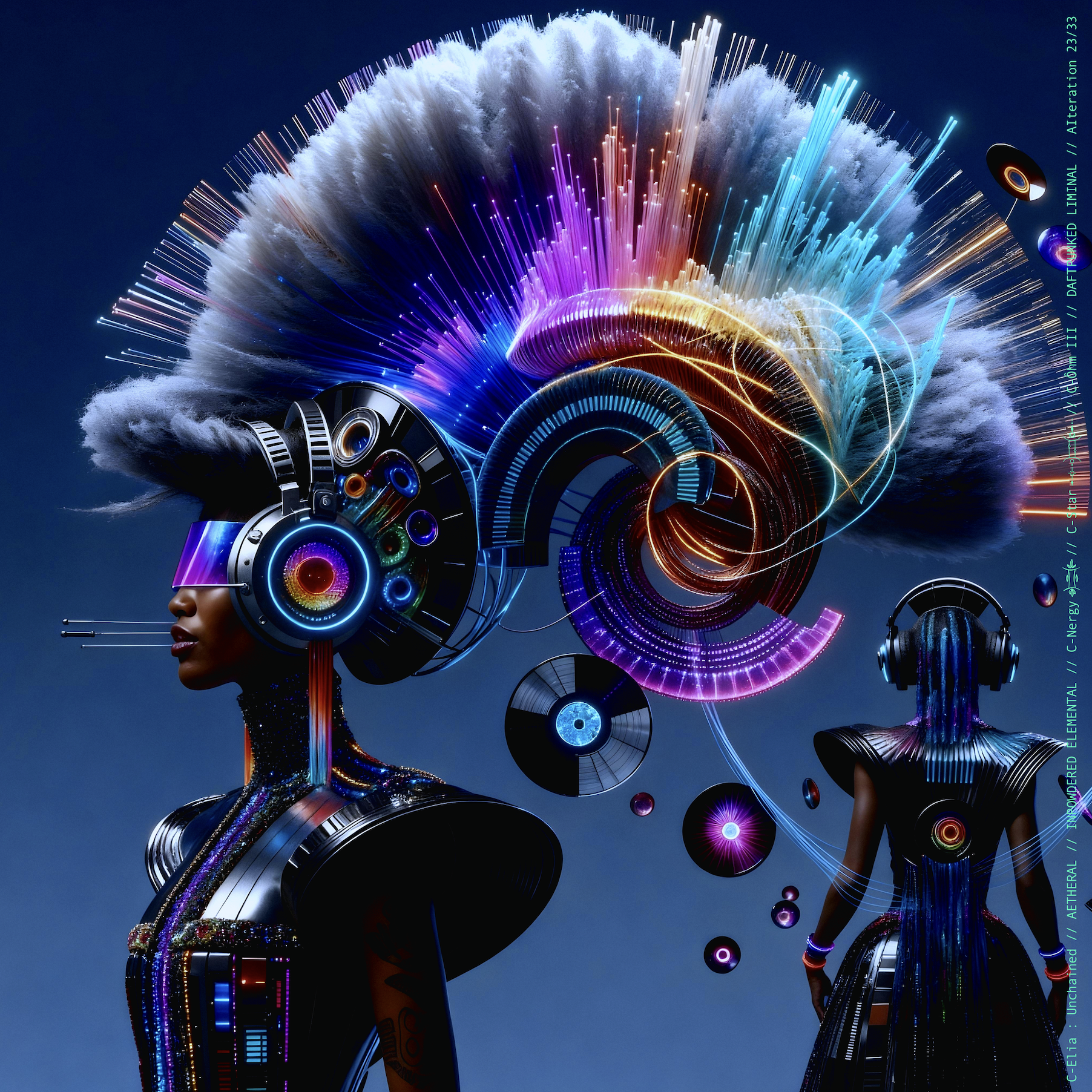 Surreal haute meta couture NFT silhouette from C Elia Unchained, Daftpunked Liminal collection, inspired by electronic neon aesthetics and the luminous frequencies of Daft Punk Alive 2008, merging holographic vinyl, glitch light and couture architecture.


