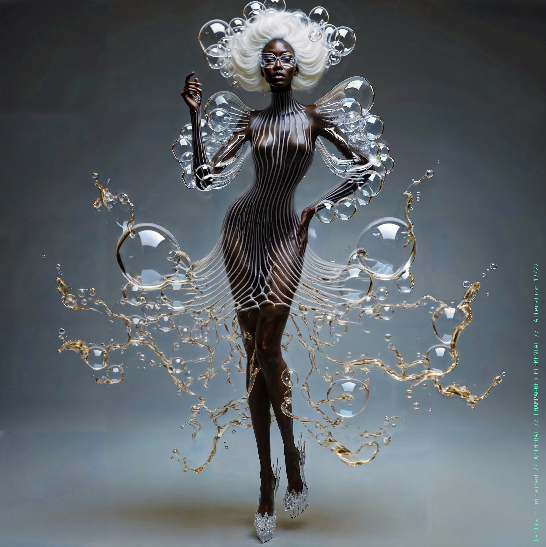 Surreal haute meta couture NFT silhouette from C Elia Unchained, Champagned Elemental collection, formed from transparent champagne bubbles, liquid cascades and retro futuristic white wave hair sculpted into effervescent couture.