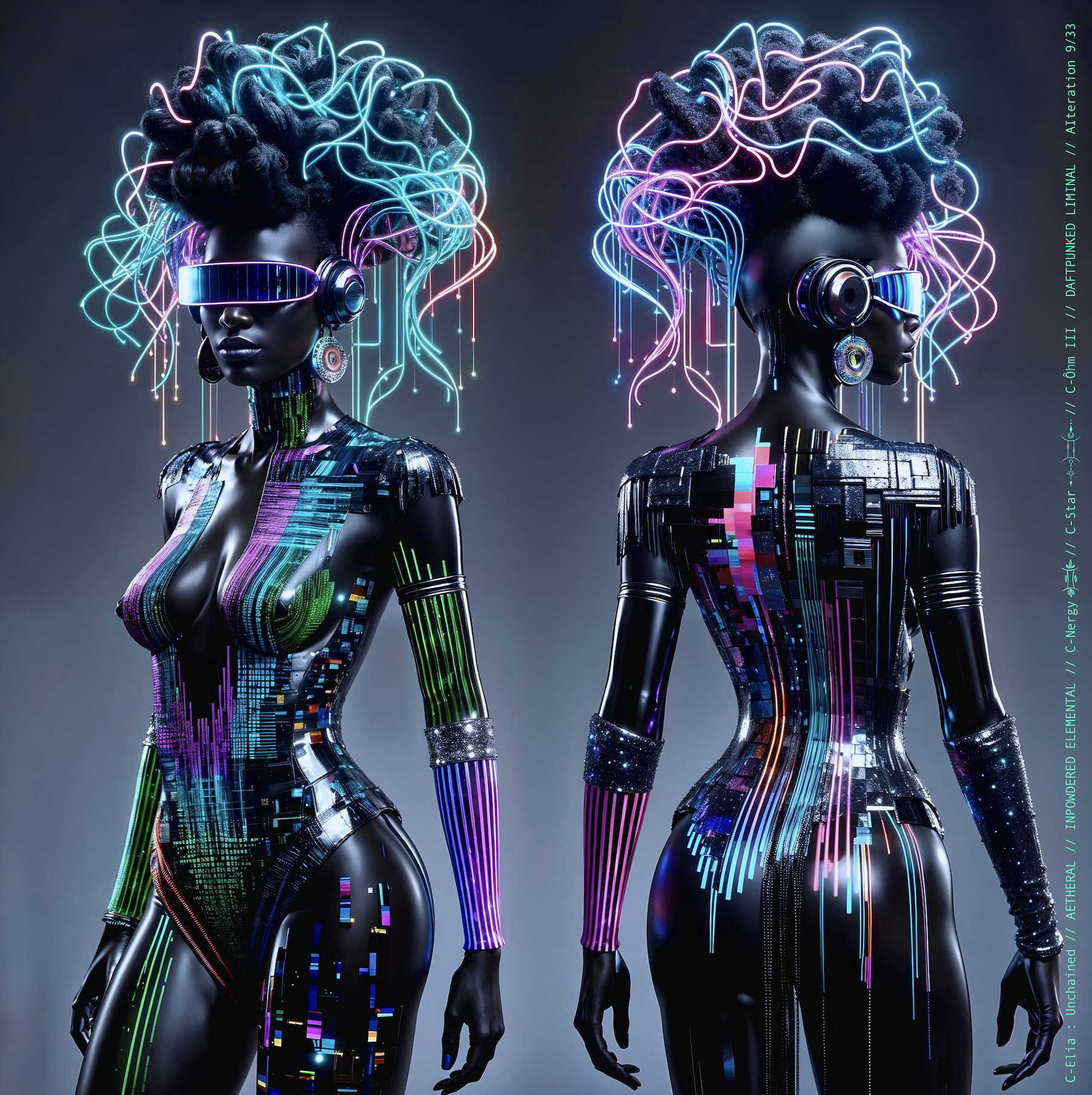Surreal haute meta couture NFT silhouette from C Elia Unchained, Daftpunked Liminal collection, inspired by electronic neon aesthetics and the luminous frequencies of Daft Punk Alive 2008, merging holographic vinyl, glitch light and couture architecture.

