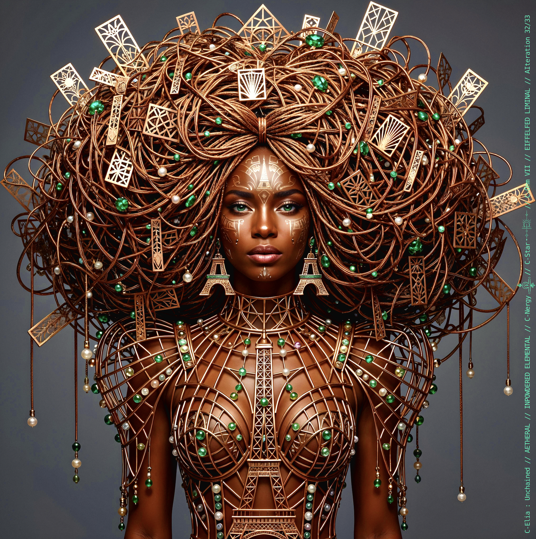 Surreal haute meta couture NFT silhouette from C Elia Unchained, Eiffelfed Liminal collection, merging openwork copper metal, emerald braids, metallic glyph makeup and Parisian architectural couture infused with the atmospheric pulse of Massive Attack and Mad Professor’s “Three.”