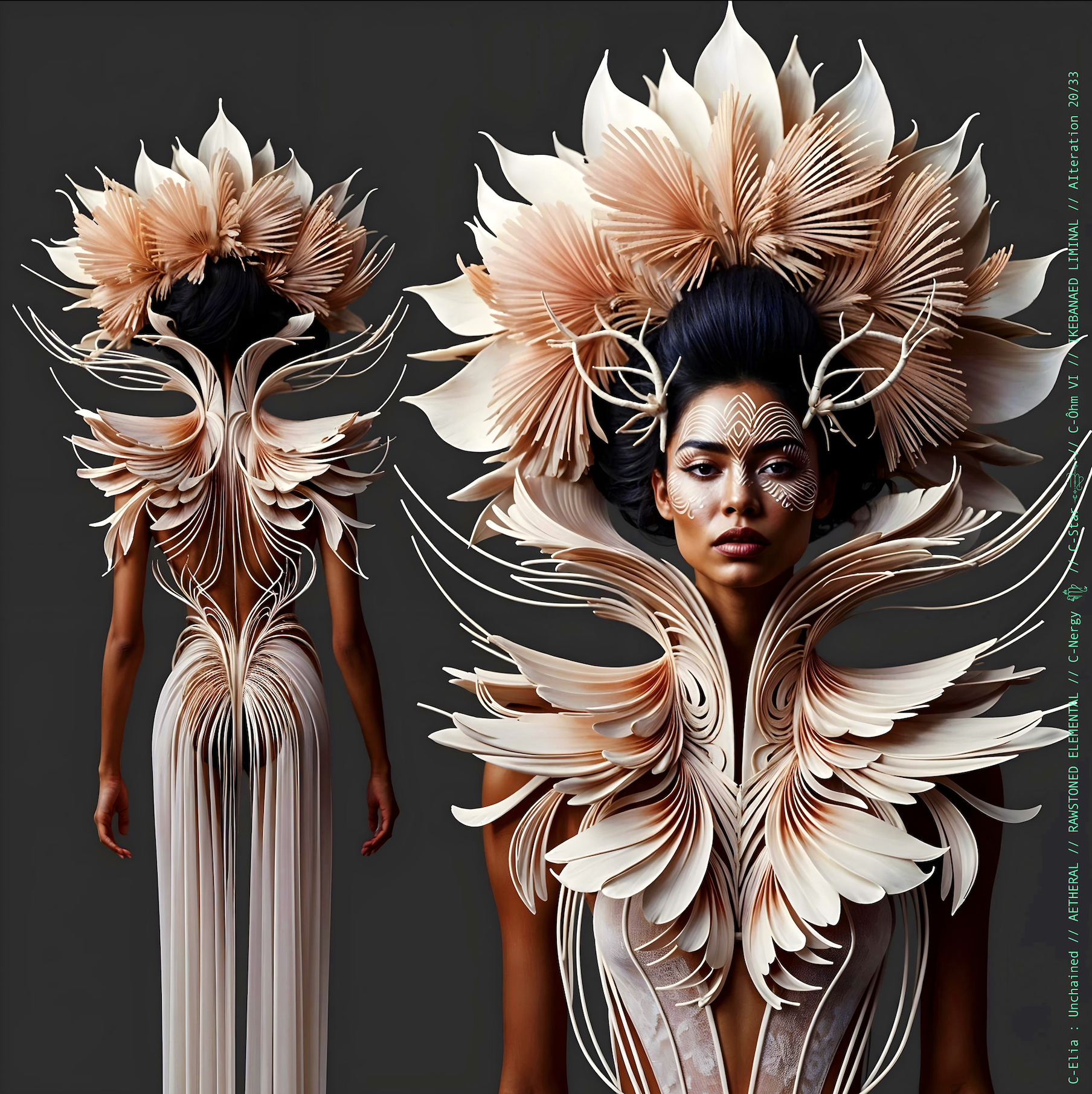 Surreal haute meta couture NFT silhouette from C-Elia: Unchained, Ikebanaed Liminal collection, inspired by floral architecture and Japanese composition, merging nature, geometry and serenity into a living couture sculpture.