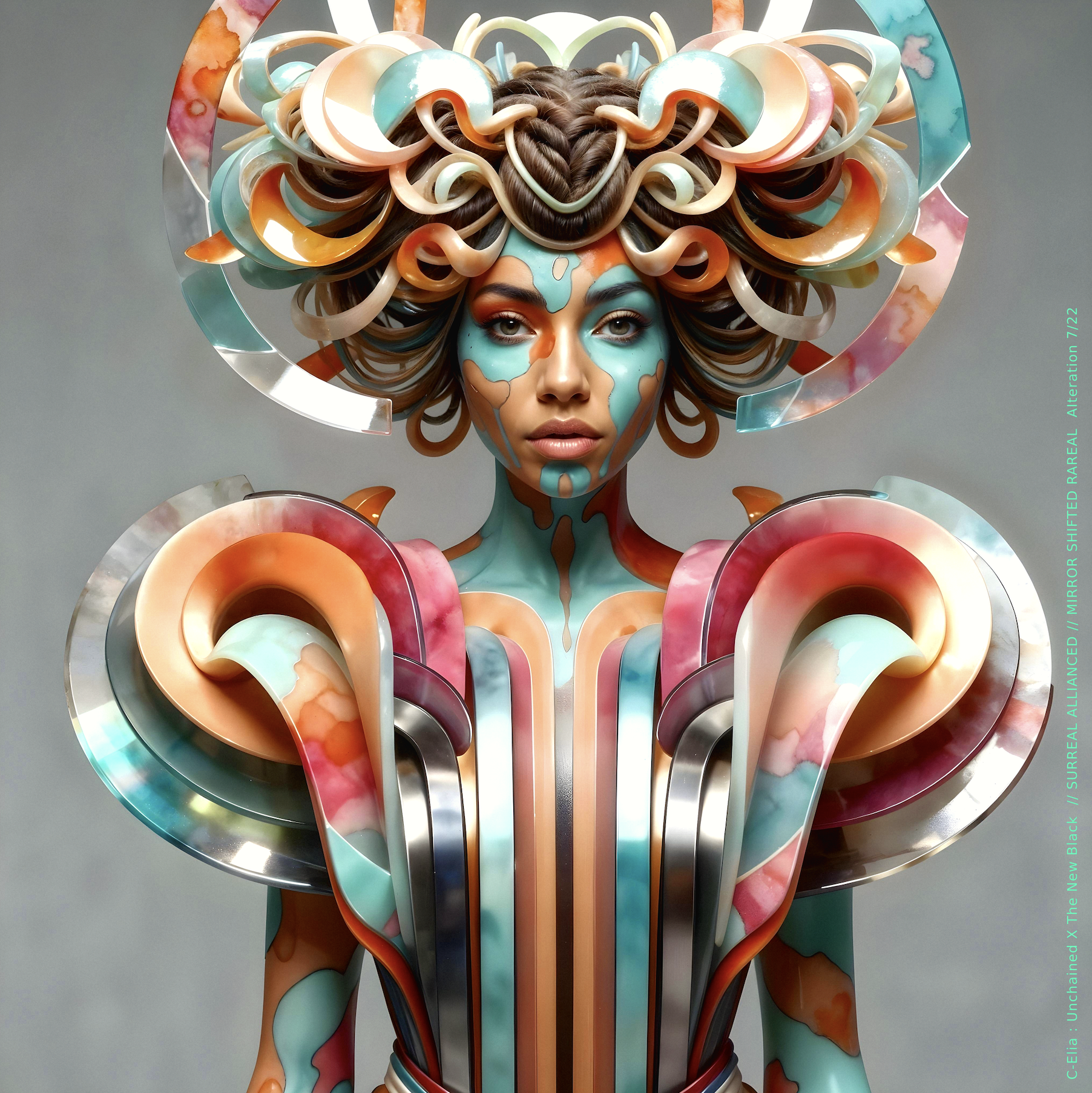 Surreal haute meta couture NFT silhouette from C-Elia: Unchained, Thenewblacked Allianced Liminal, created in collaboration with tThe New Black, merging resin, glass, acrylic and light into a living prism of translucent geometry.