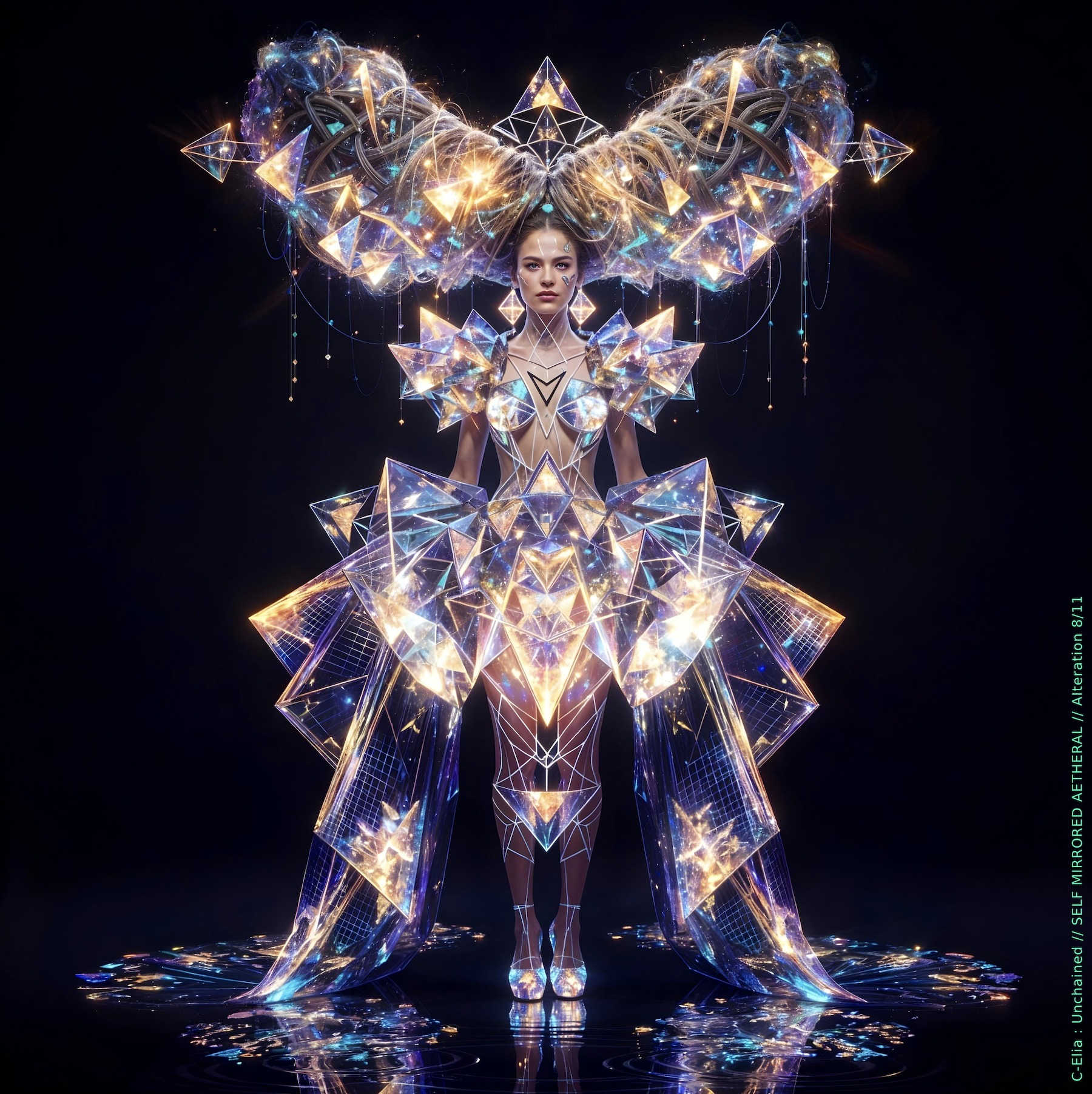 Surreal haute meta couture NFT silhouette from C Elia Unchained, Self Mirrored Aetheral collection, merging sacred geometry, plasma light, spectral prisms and refracted fire into a multidimensional couture structure inspired by M I A’s Bells Collection mixtape.