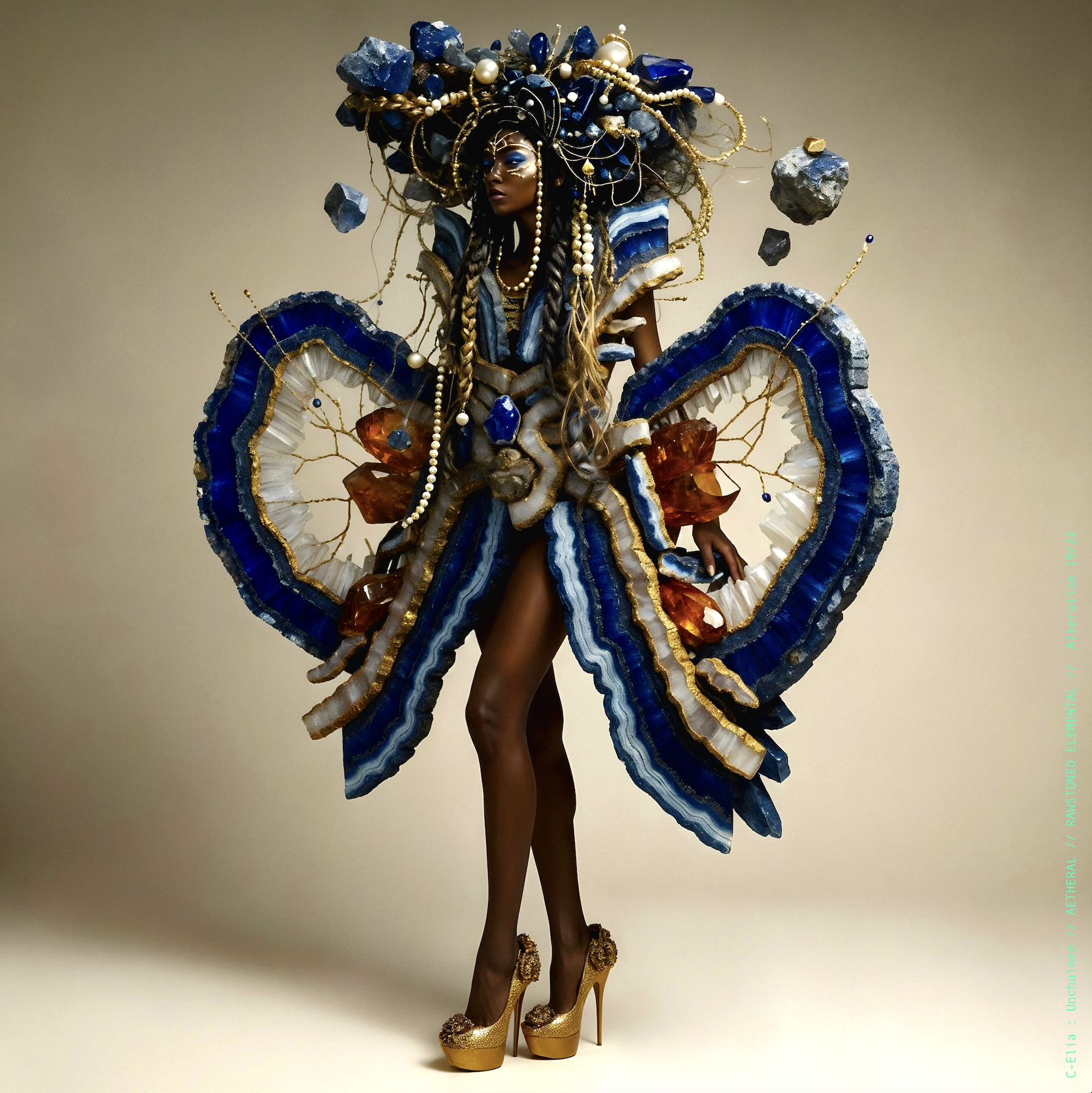 Surreal haute meta couture NFT silhouette from C Elia Unchained, Rawstoned Elemental collection, merging precious-stone hairstyles, raw mineral strata, lapis lazuli fractures and the tectonic elegance of avant garde couture.
