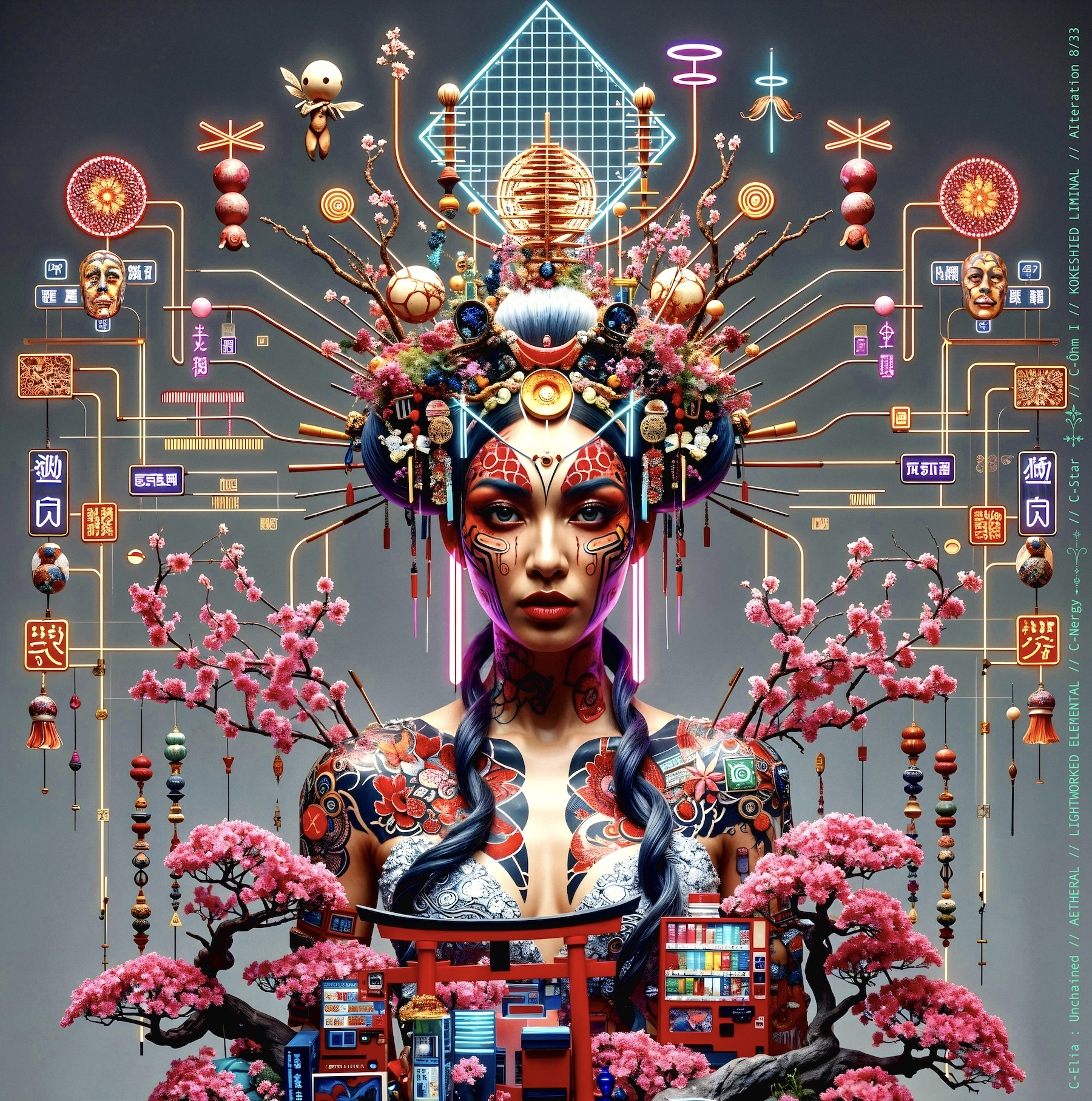 Surreal haute meta couture NFT silhouette from C-Elia: Unchained, Kokeshied Liminal, a fusion of Kyoto serenity and Shibuya light embodied in a living digital shrine.