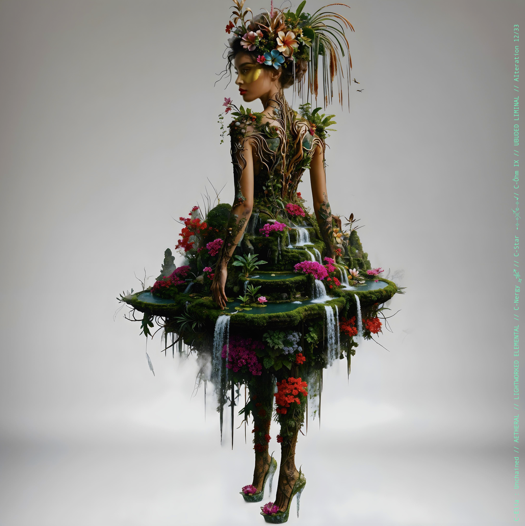 Surreal haute meta couture NFT silhouette from C Elia Unchained, Ubuded Liminal collection, merging tropical Balinese garden architecture, volcanic stone, drifting petals, incense smoke and sacred botanical couture inspired by Asian Dub Foundation’s “Witness.”