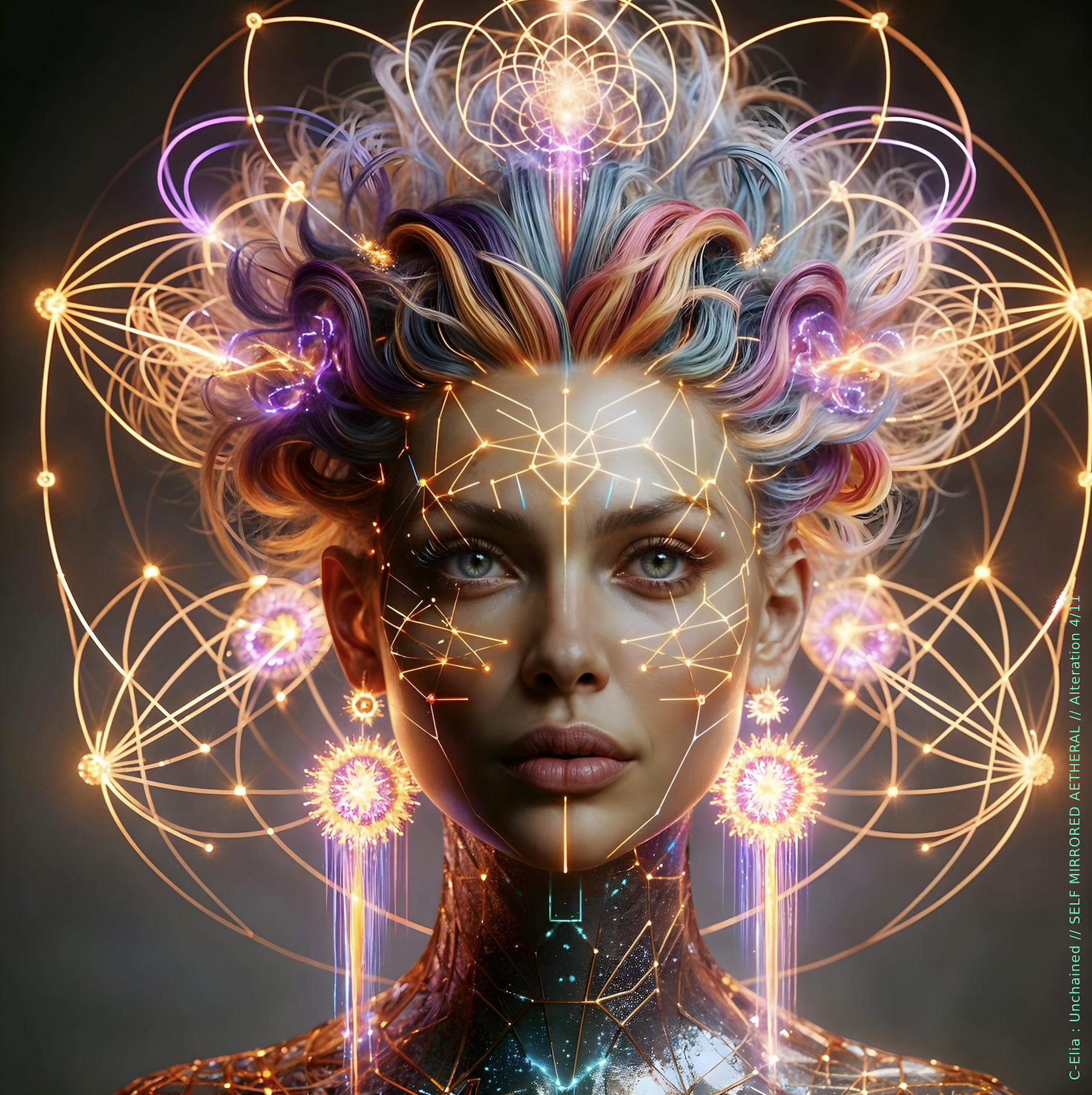 Surreal haute meta couture NFT silhouette from C Elia Unchained, Self Mirrored Aetheral collection, merging sacred geometry, plasma light, spectral prisms and refracted fire into a multidimensional couture structure inspired by M I A’s Bells Collection mixtape.