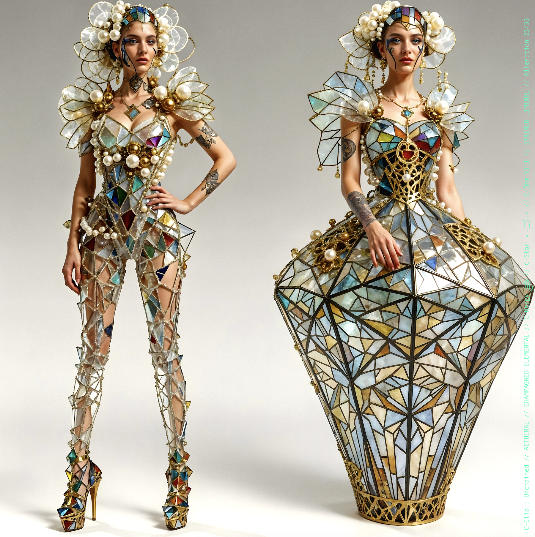 Surreal haute meta couture NFT silhouette from C-Elia: Unchained, Stained Liminal collection, inspired by cathedral stained glass and Mondrian geometry, merging sacred light, metallic reflections, and futuristic architecture into a living holographic couture sculpture.