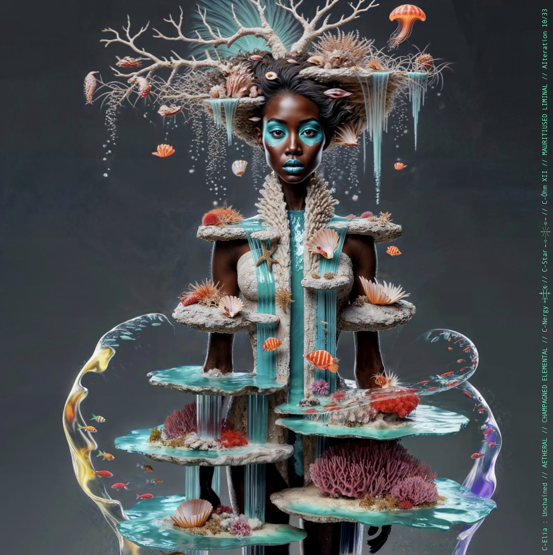 Surreal haute meta couture NFT silhouette from C-Elia: Unchained, Mauritiused Liminal collection, inspired by coral reefs and marine architecture, merging water, light and couture into a floating living sculpture