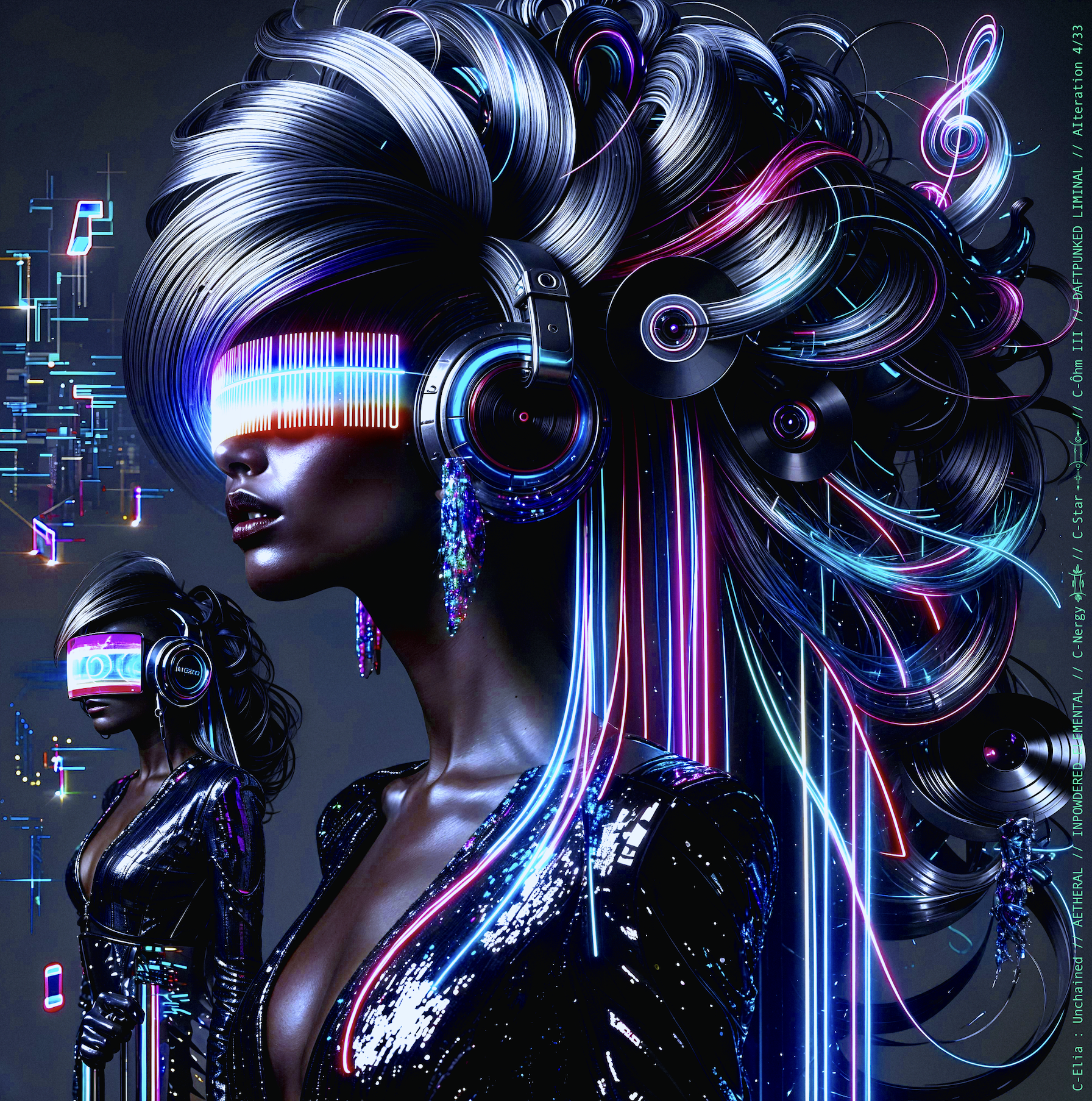 Surreal haute meta couture NFT silhouette from C Elia Unchained, Daftpunked Liminal collection, inspired by electronic neon aesthetics and the luminous frequencies of Daft Punk Alive 2008, merging holographic vinyl, glitch light and couture architecture.

