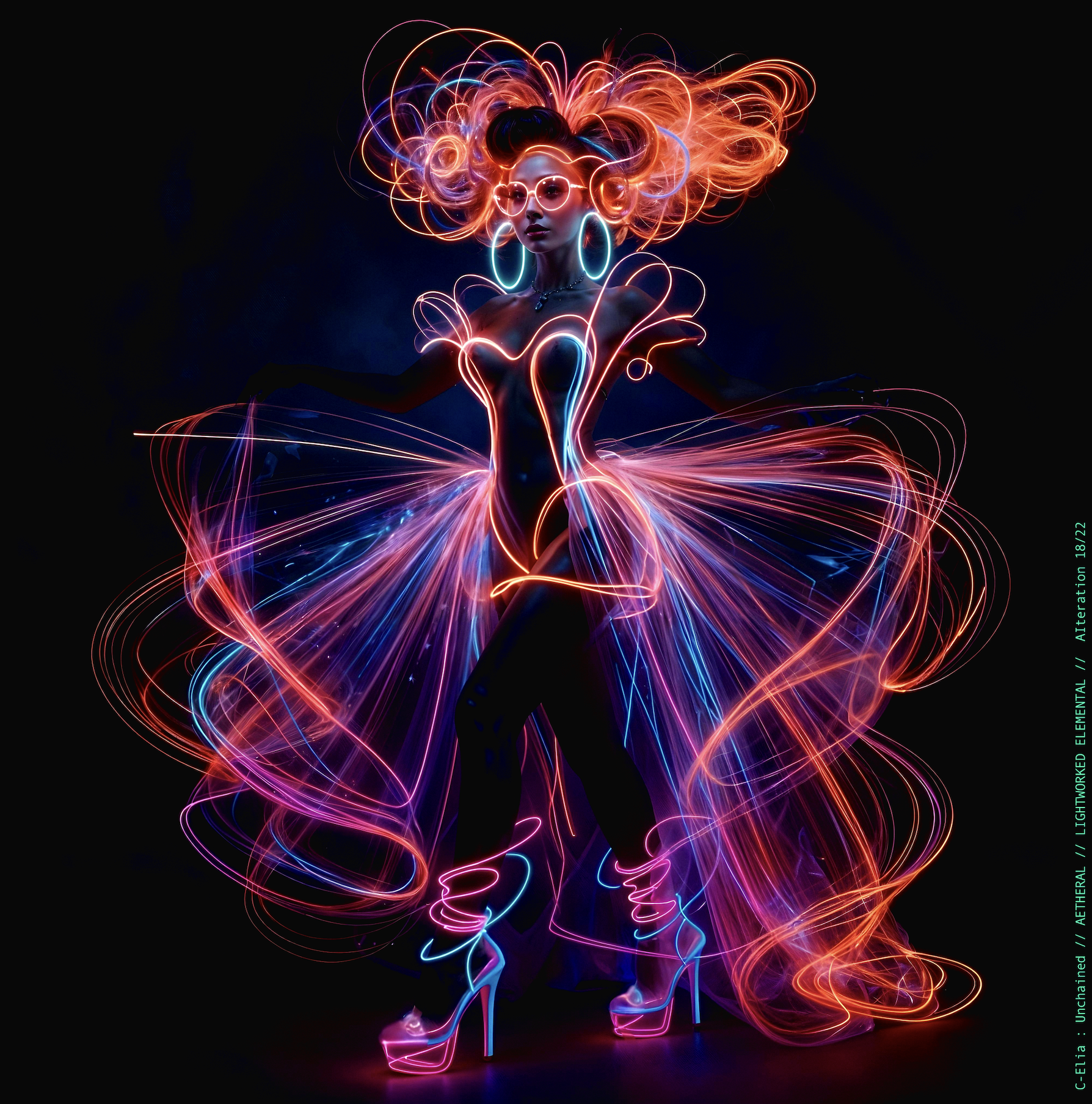 Surreal haute meta couture NFT silhouette from C-Elia: Unchained, Lightworked Elemental collection, a luminous architectural form sketched entirely in neon-painted lines and glowing contours, blending avant-garde light geometry with ethereal couture energy.