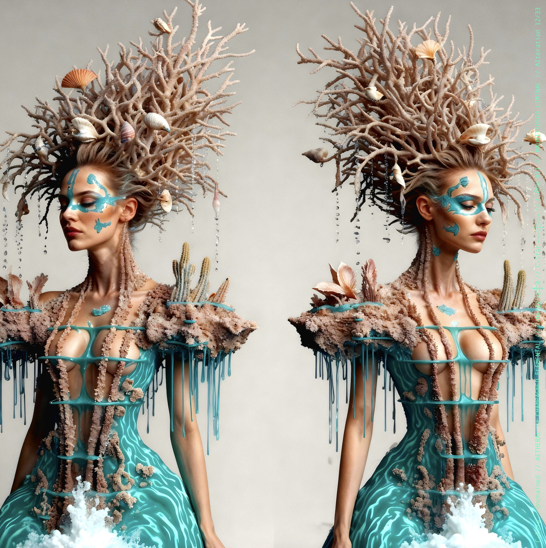 Surreal haute meta couture NFT silhouette from C-Elia: Unchained, Mauritiused Liminal collection, inspired by coral reefs and marine architecture, merging water, light and couture into a floating living sculpture