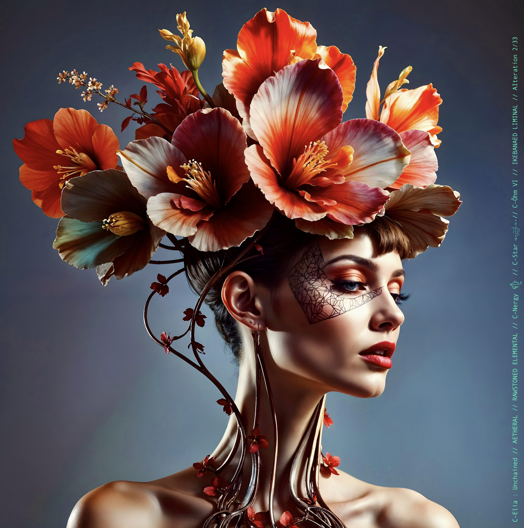 Surreal haute meta couture NFT silhouette from C-Elia: Unchained, Ikebanaed Liminal collection, inspired by floral architecture and Japanese composition, merging nature, geometry and serenity into a living couture sculpture.