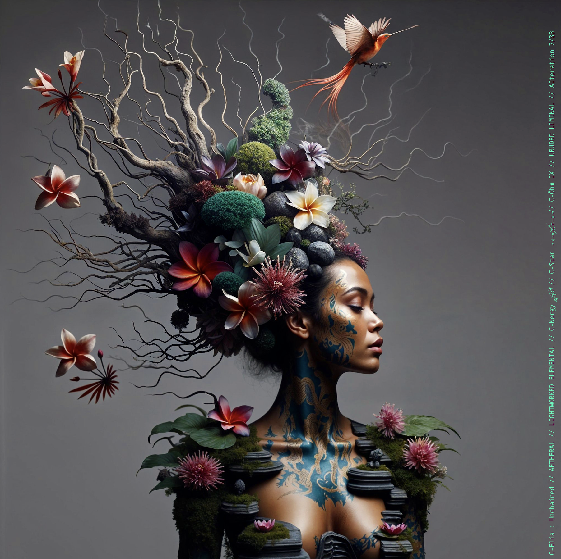 Surreal haute meta couture NFT silhouette from C Elia Unchained, Ubuded Liminal collection, merging tropical Balinese garden architecture, volcanic stone, drifting petals, incense smoke and sacred botanical couture inspired by Asian Dub Foundation’s “Witness.”