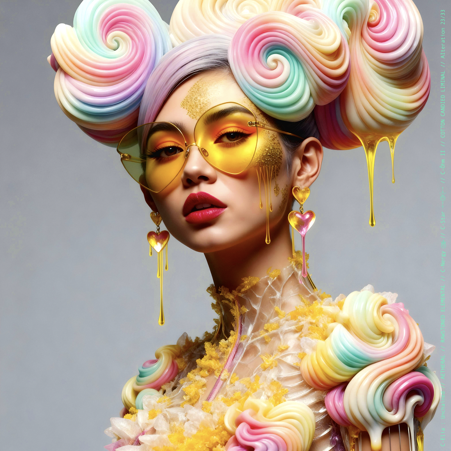 Surreal haute meta couture NFT silhouette from C Elia: Unchained, Cotton Candied Liminal collection, inspired by pastel cotton candy clouds and Khmer gold tattoos, merging sweetness, rebellion and couture into a living vaporous sculpture.