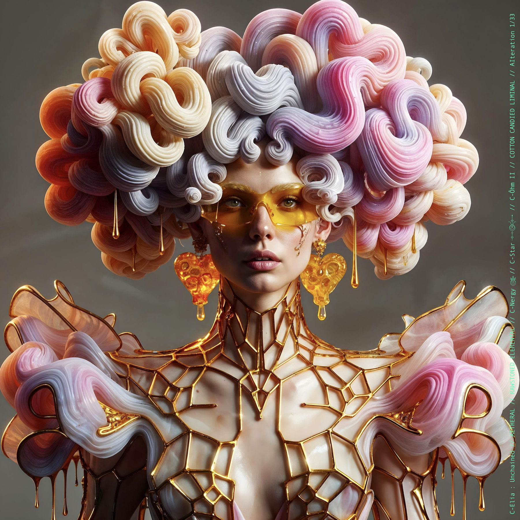 Surreal haute meta couture NFT silhouette from C Elia: Unchained, Cotton Candied Liminal collection, inspired by pastel cotton candy clouds and Khmer gold tattoos, merging sweetness, rebellion and couture into a living vaporous sculpture.