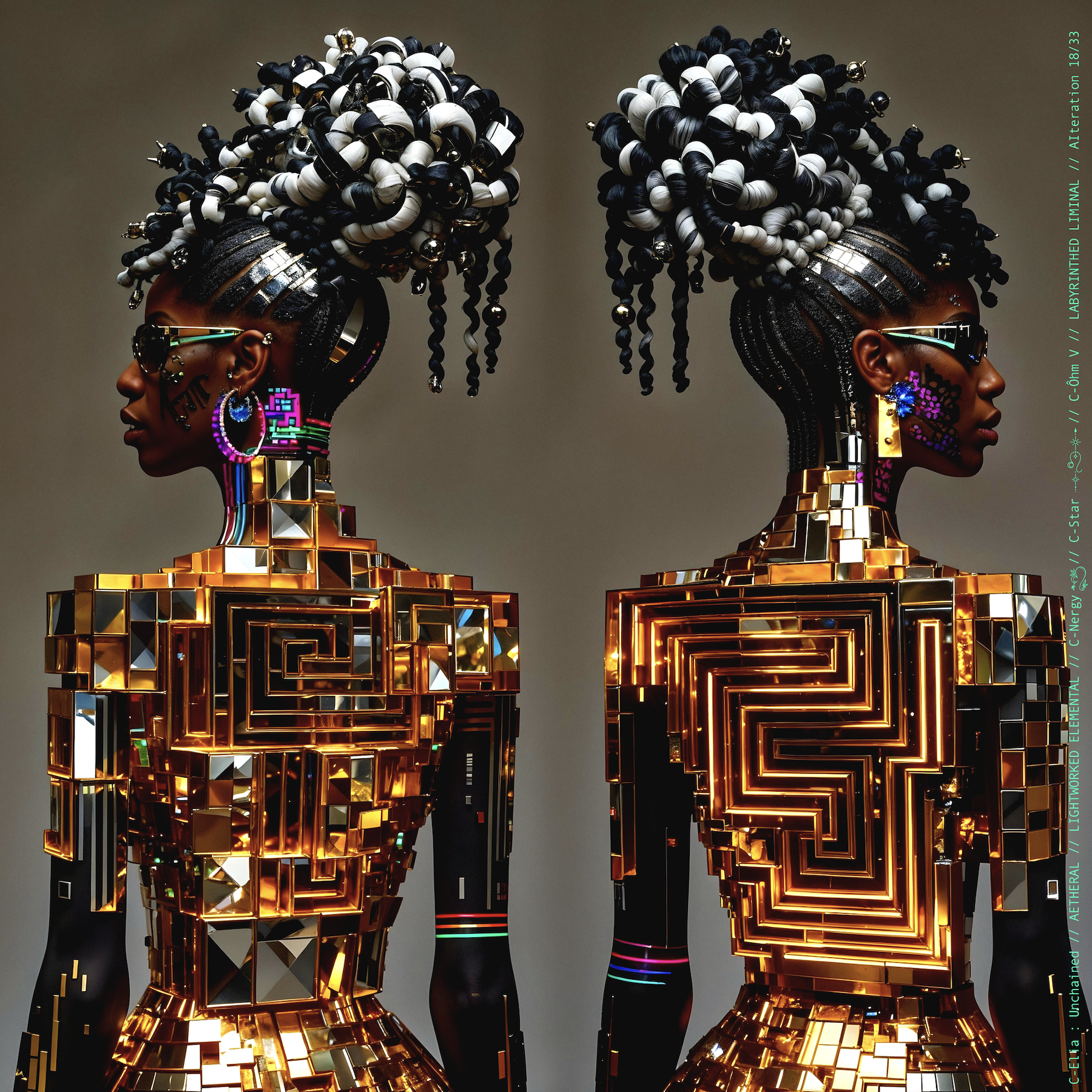 Surreal haute meta couture NFT silhouette from C Elia Unchained, Labyrinthed Liminal collection, inspired by mirrored labyrinth geometry and the chromatic echo of Blue Boy’s “Remember Me,” merging pixel tattoos, gold voxel structures and reflective couture architecture.